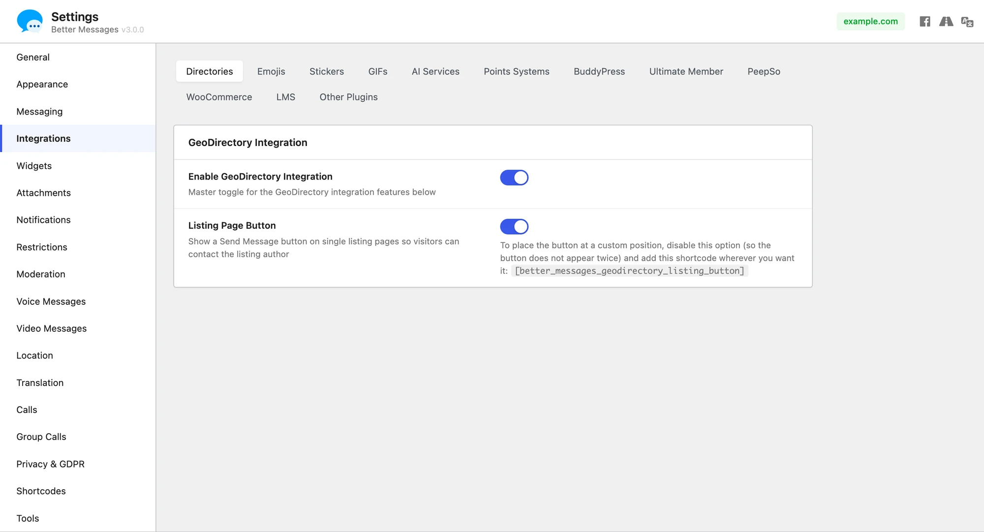 GeoDirectory integration settings