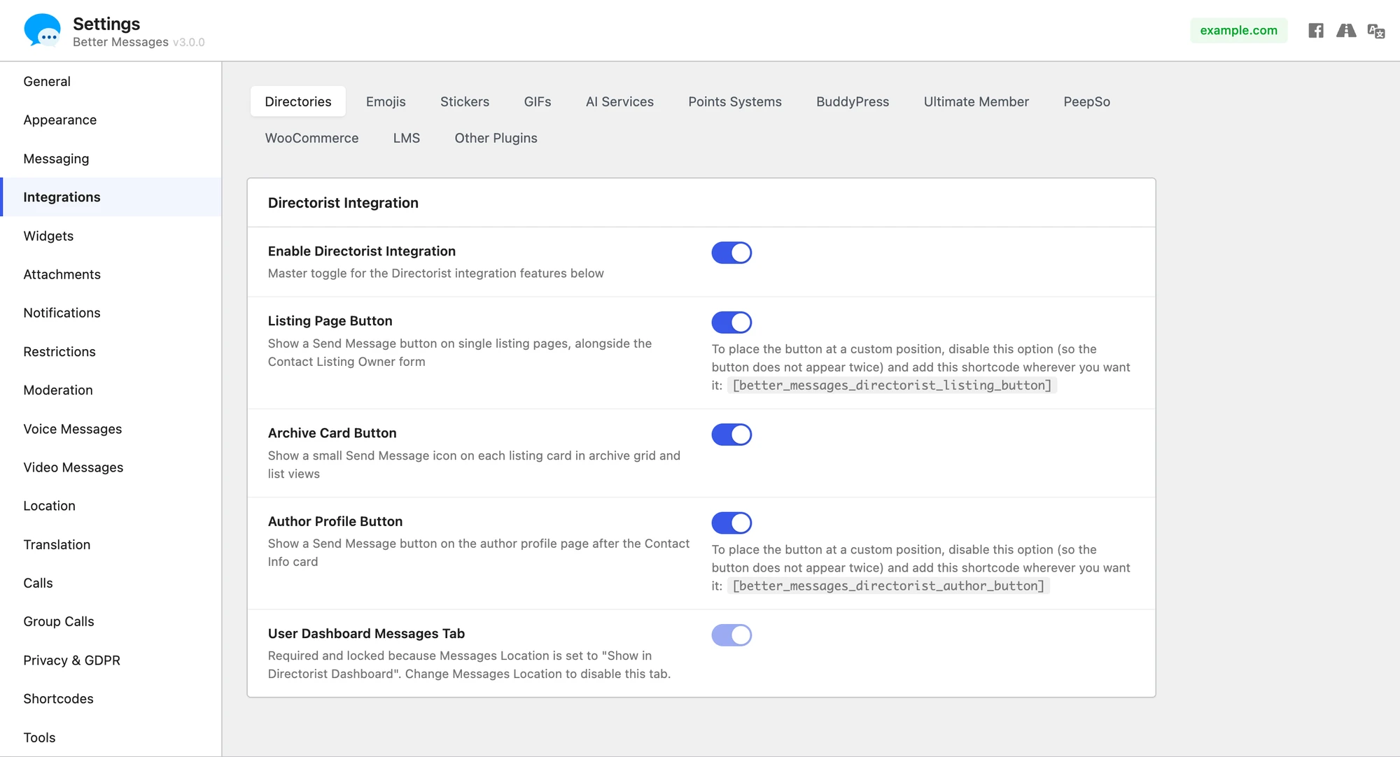 Directorist integration settings