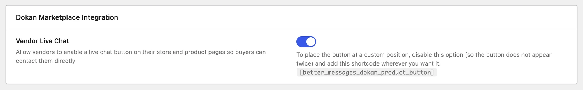 Better Messages Dokan integration settings: Enable Live Chat for Vendors toggle
