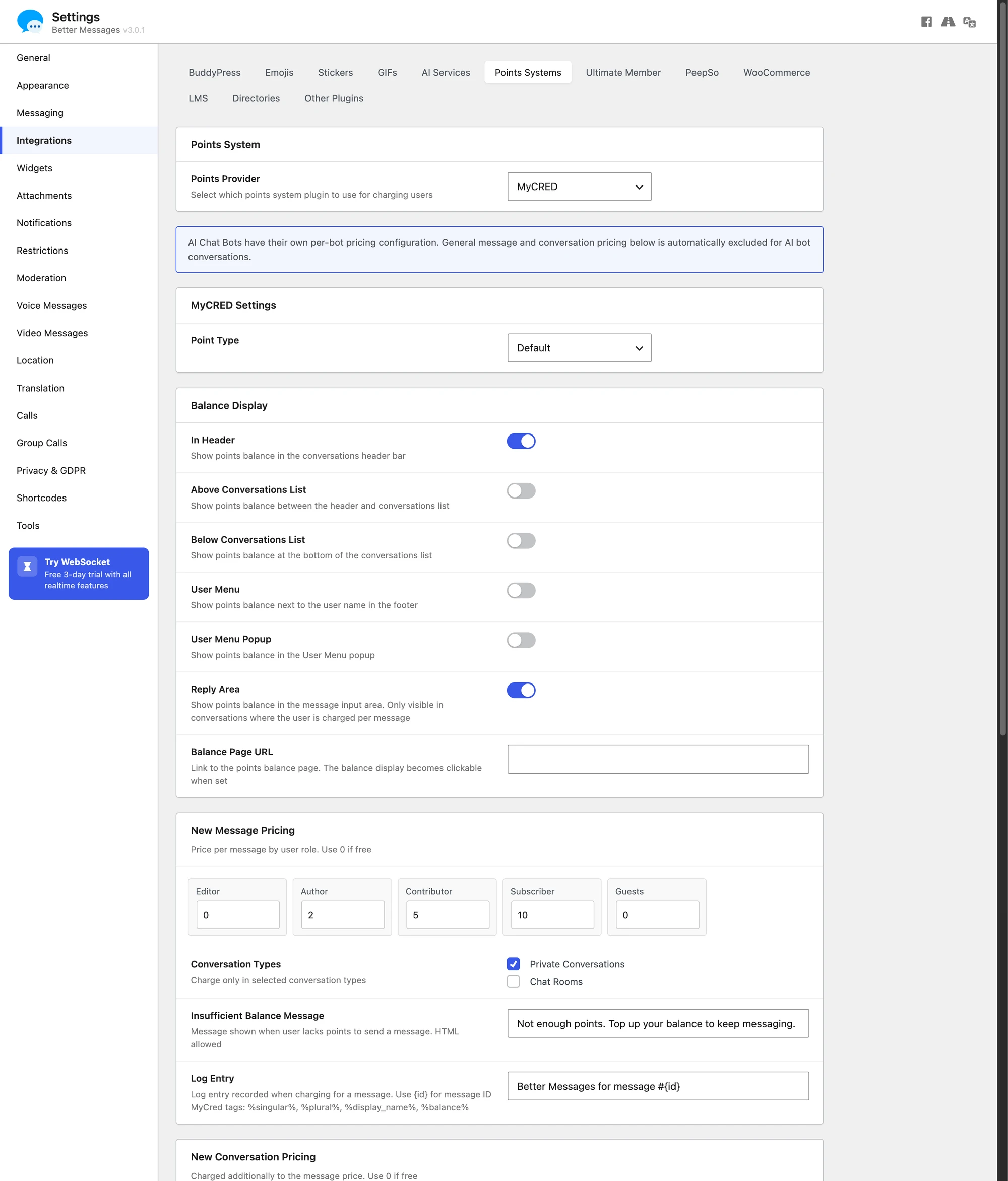 Better Messages MyCred integration settings