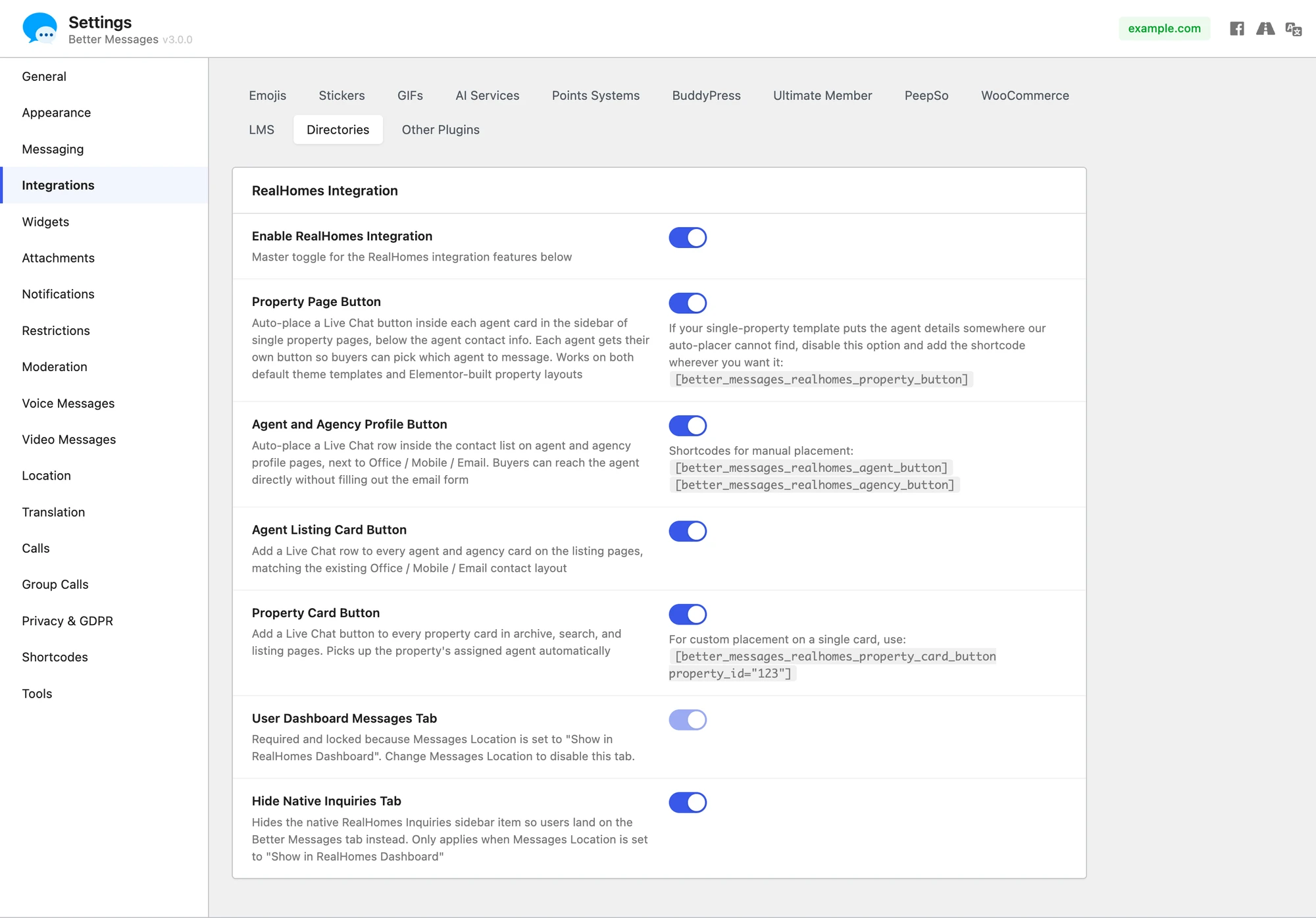 RealHomes integration settings