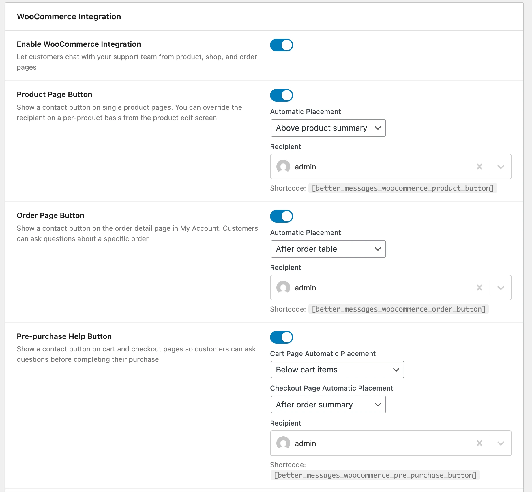 Better Messages WooCommerce integration settings