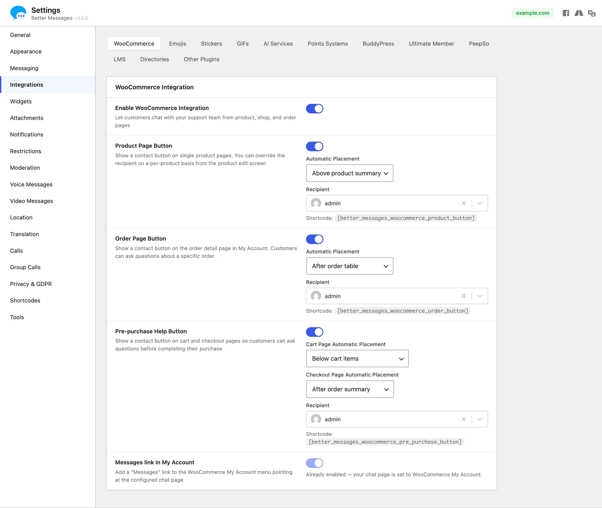 Better Messages WooCommerce integration settings