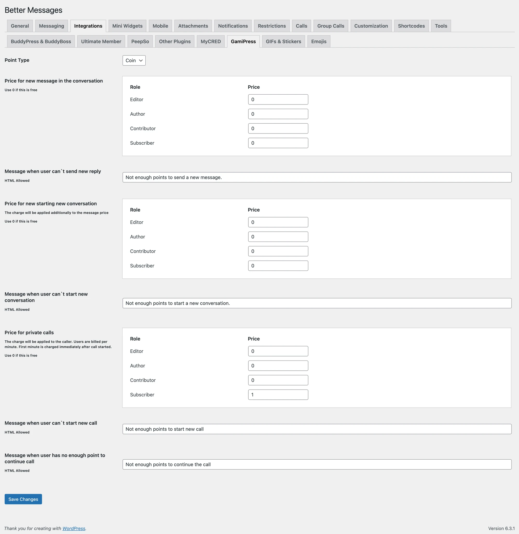 Better Messages GamiPress integration settings