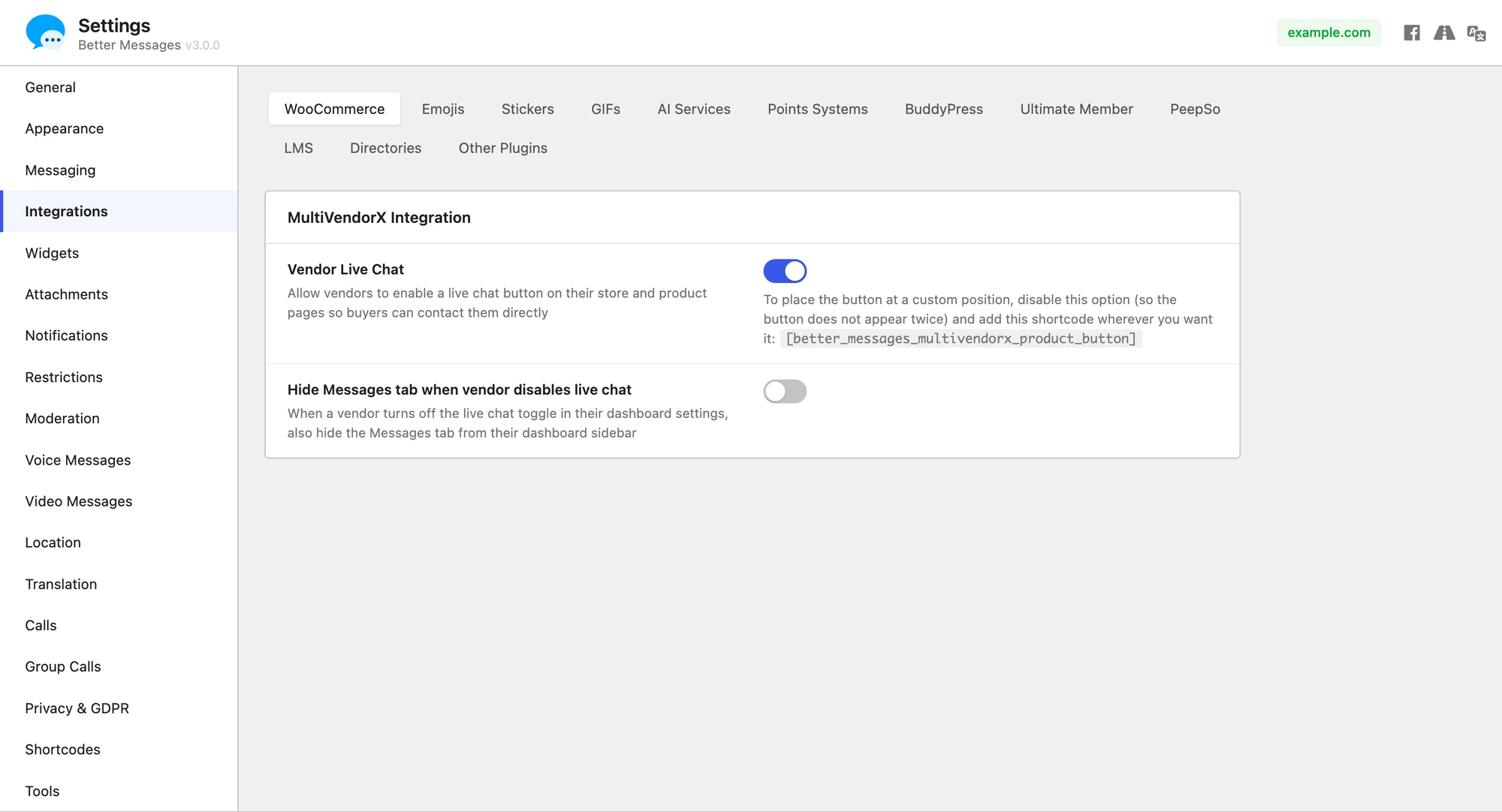 MultiVendorX integration settings