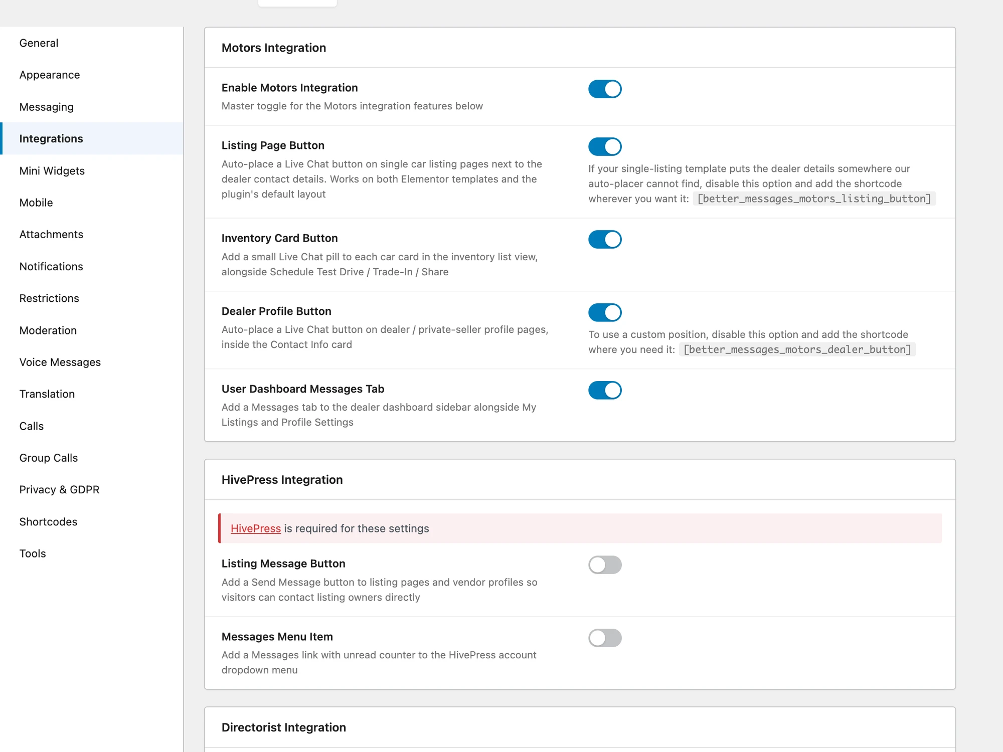 Motors integration settings