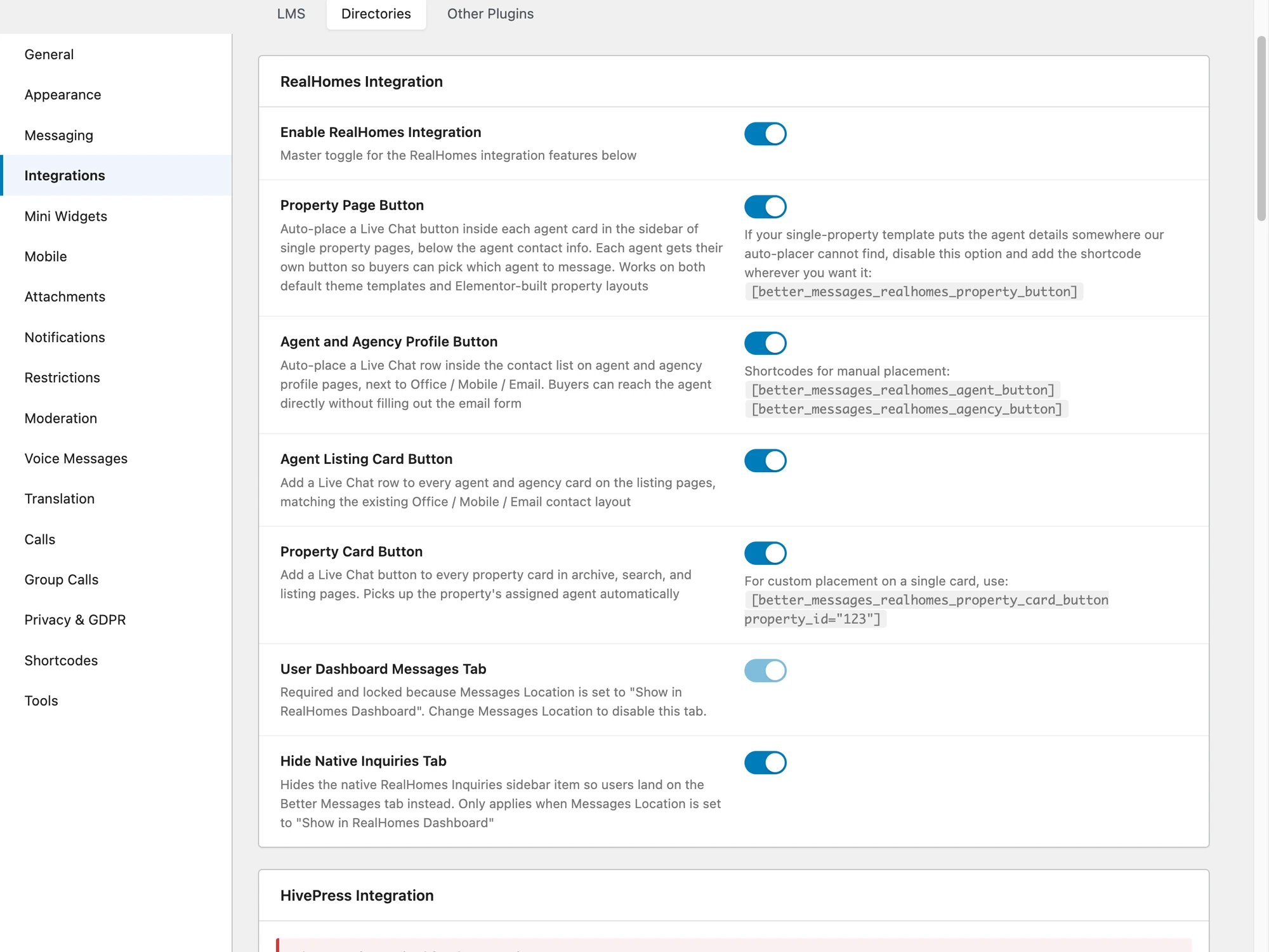 RealHomes integration settings