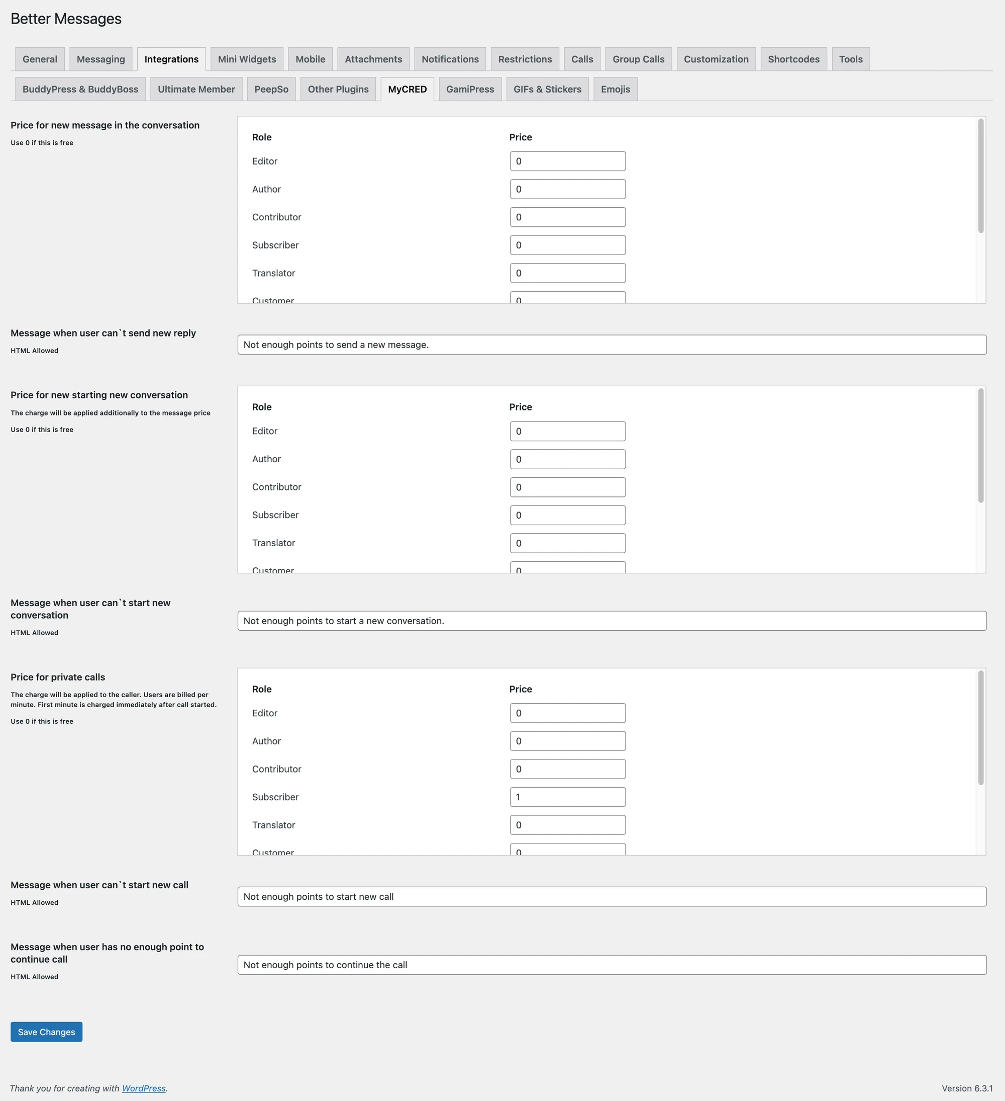 Better Messages MyCred integration settings