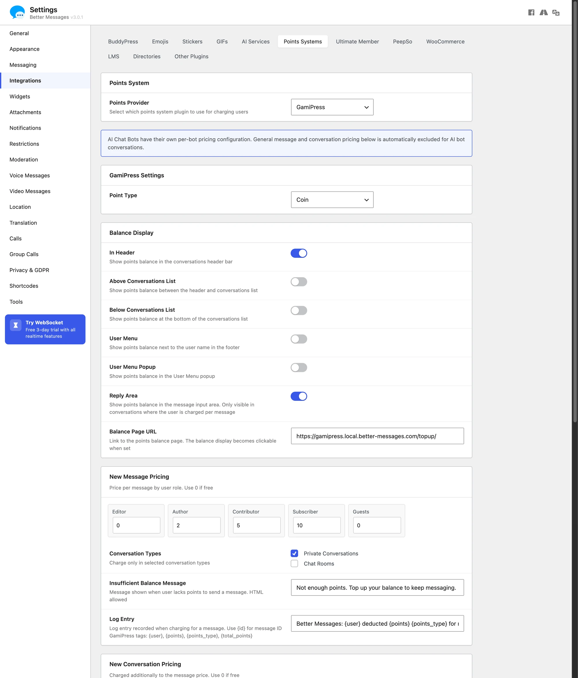 Better Messages GamiPress integration settings