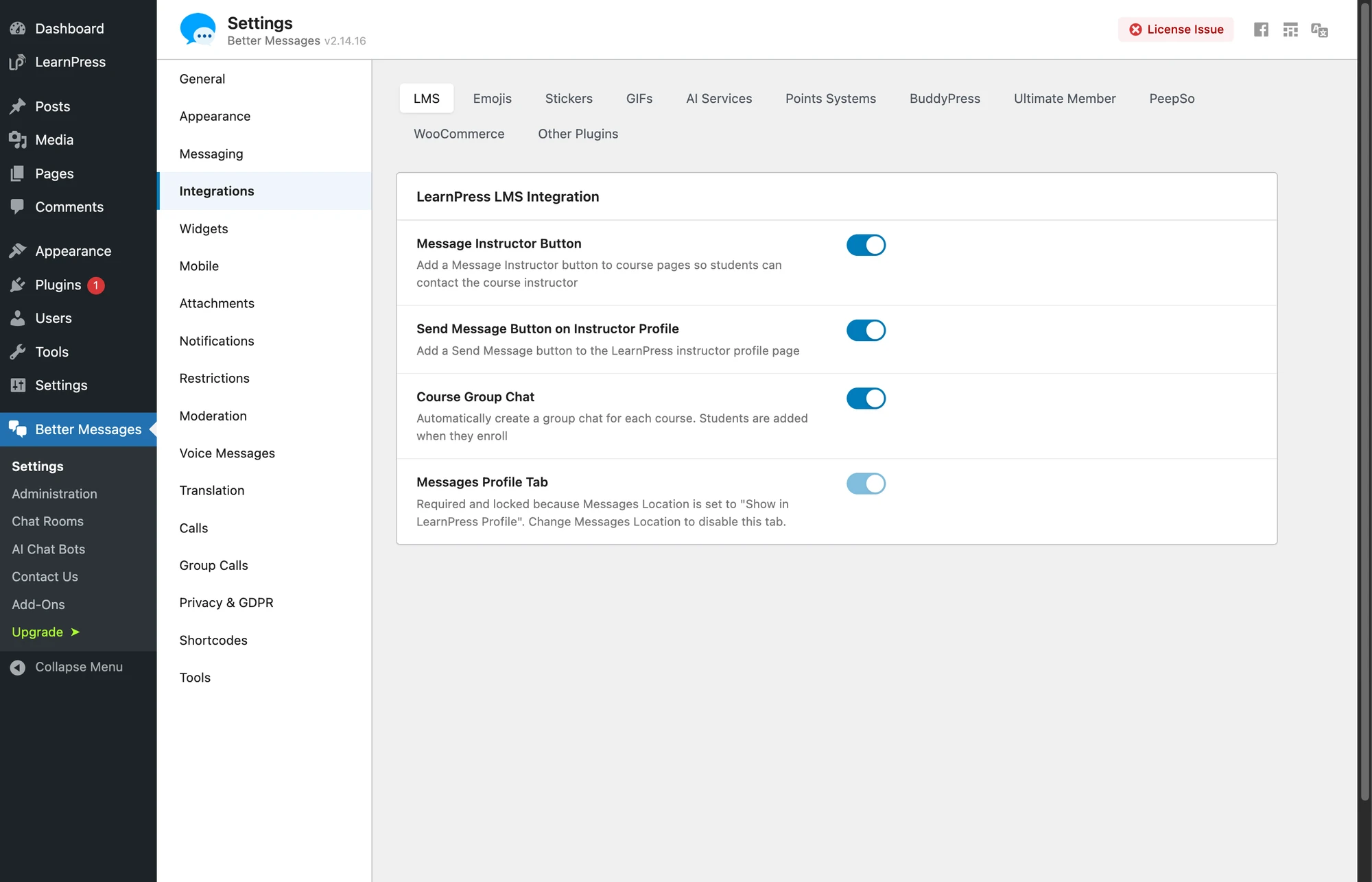 LearnPress LMS integration settings