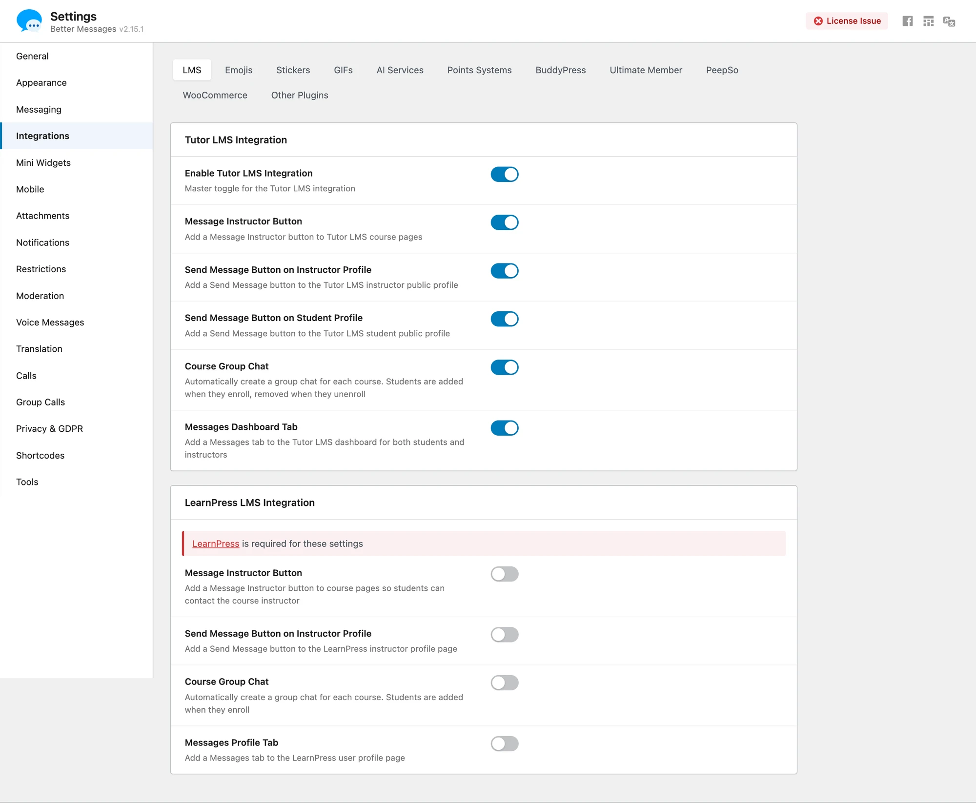 Tutor LMS integration settings