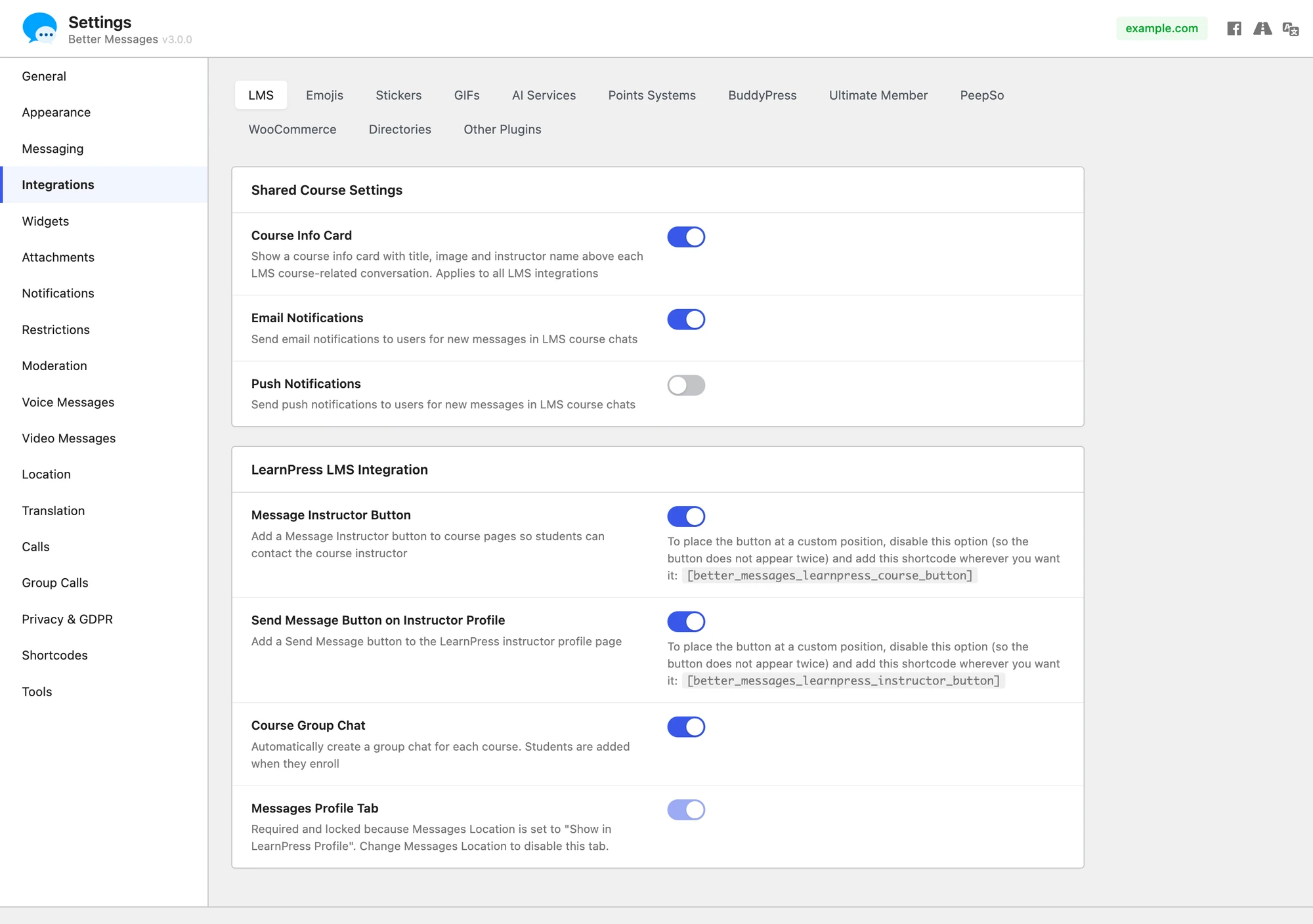 LearnPress LMS integration settings
