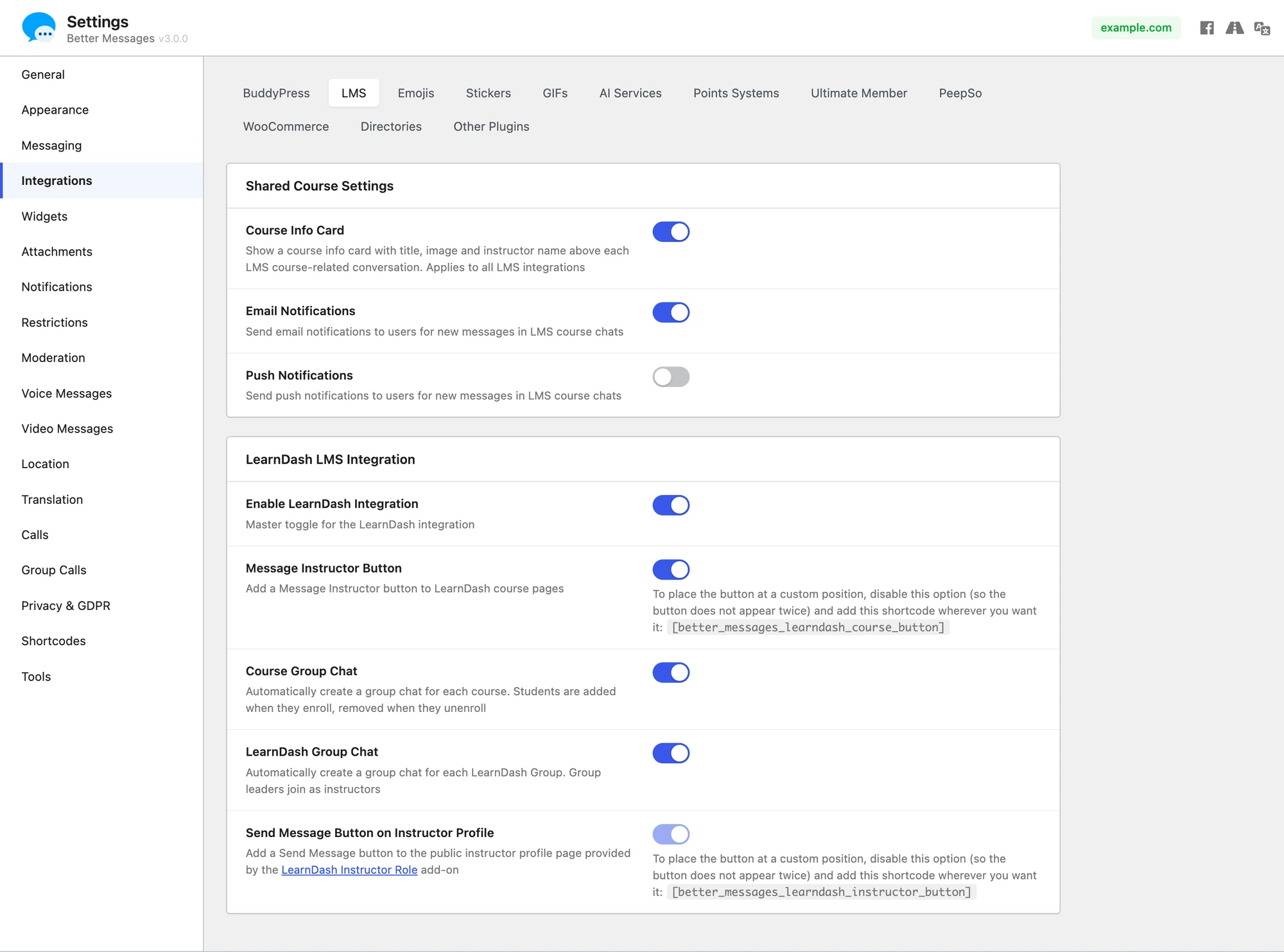 LearnDash integration settings in Better Messages