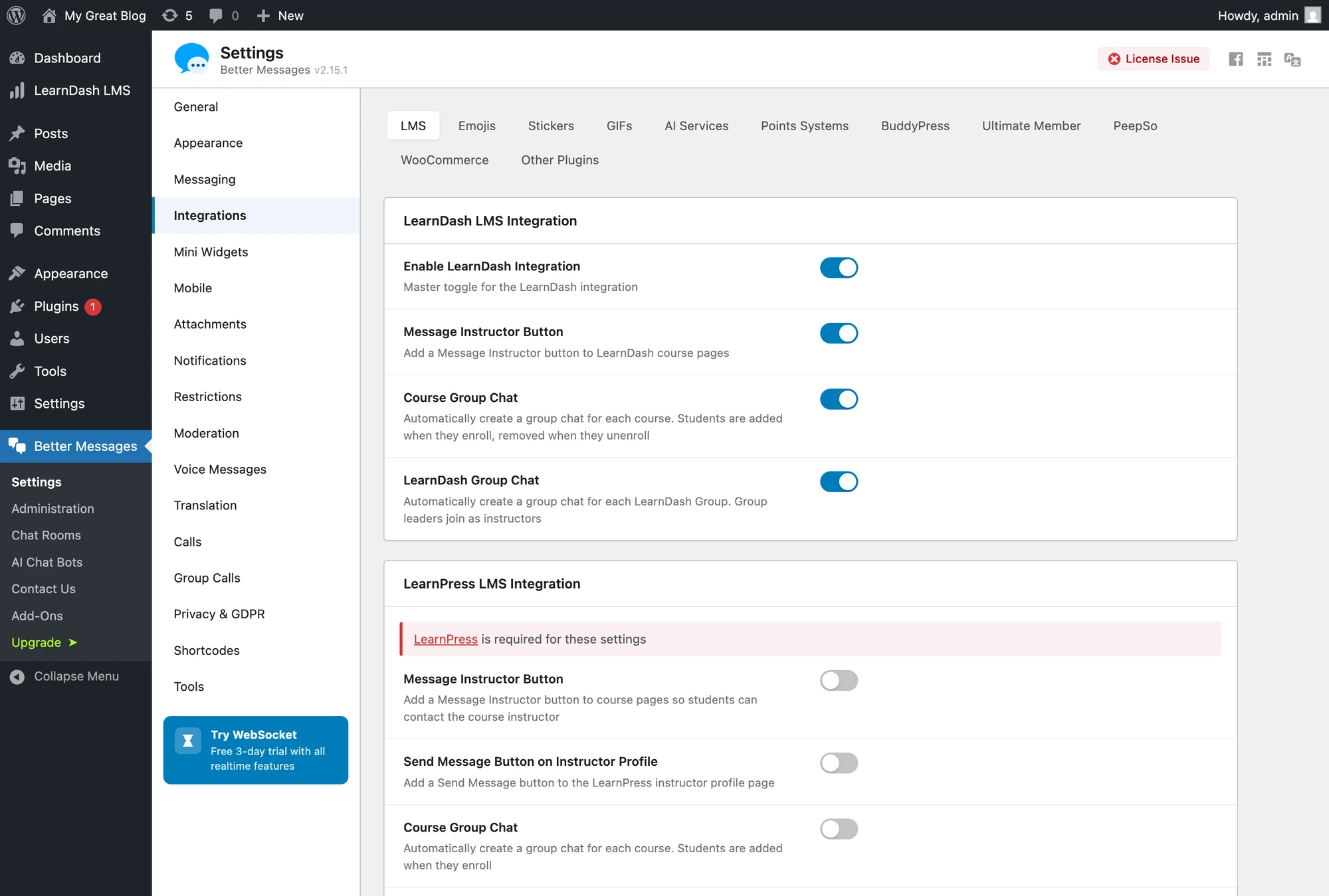 LearnDash integration settings