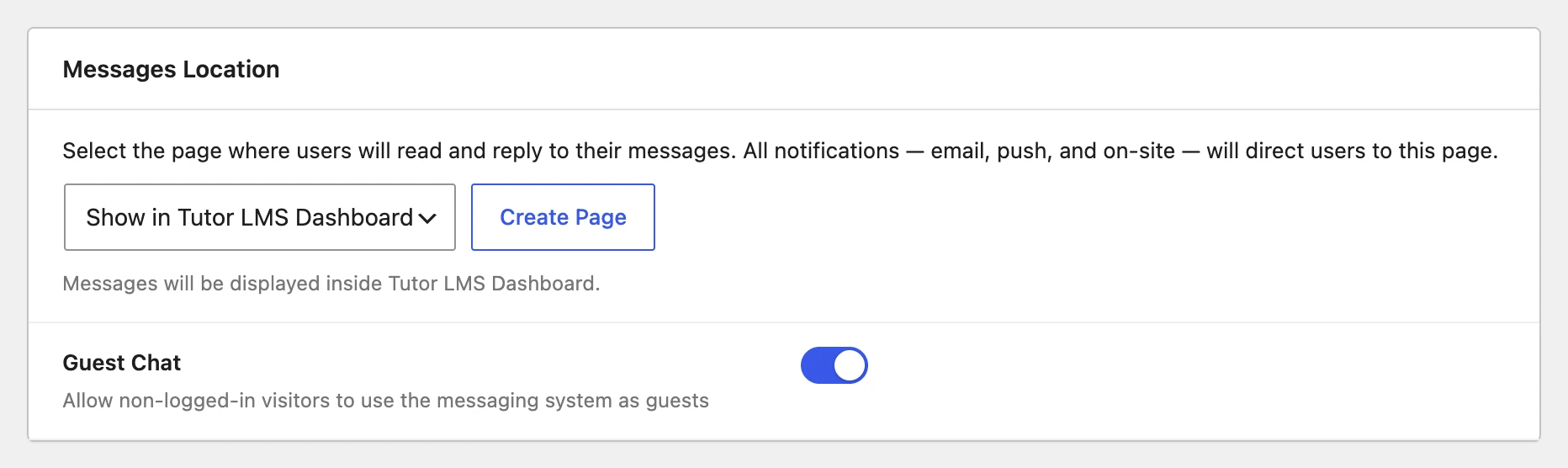 Messages Location dropdown set to Show in Tutor LMS Dashboard