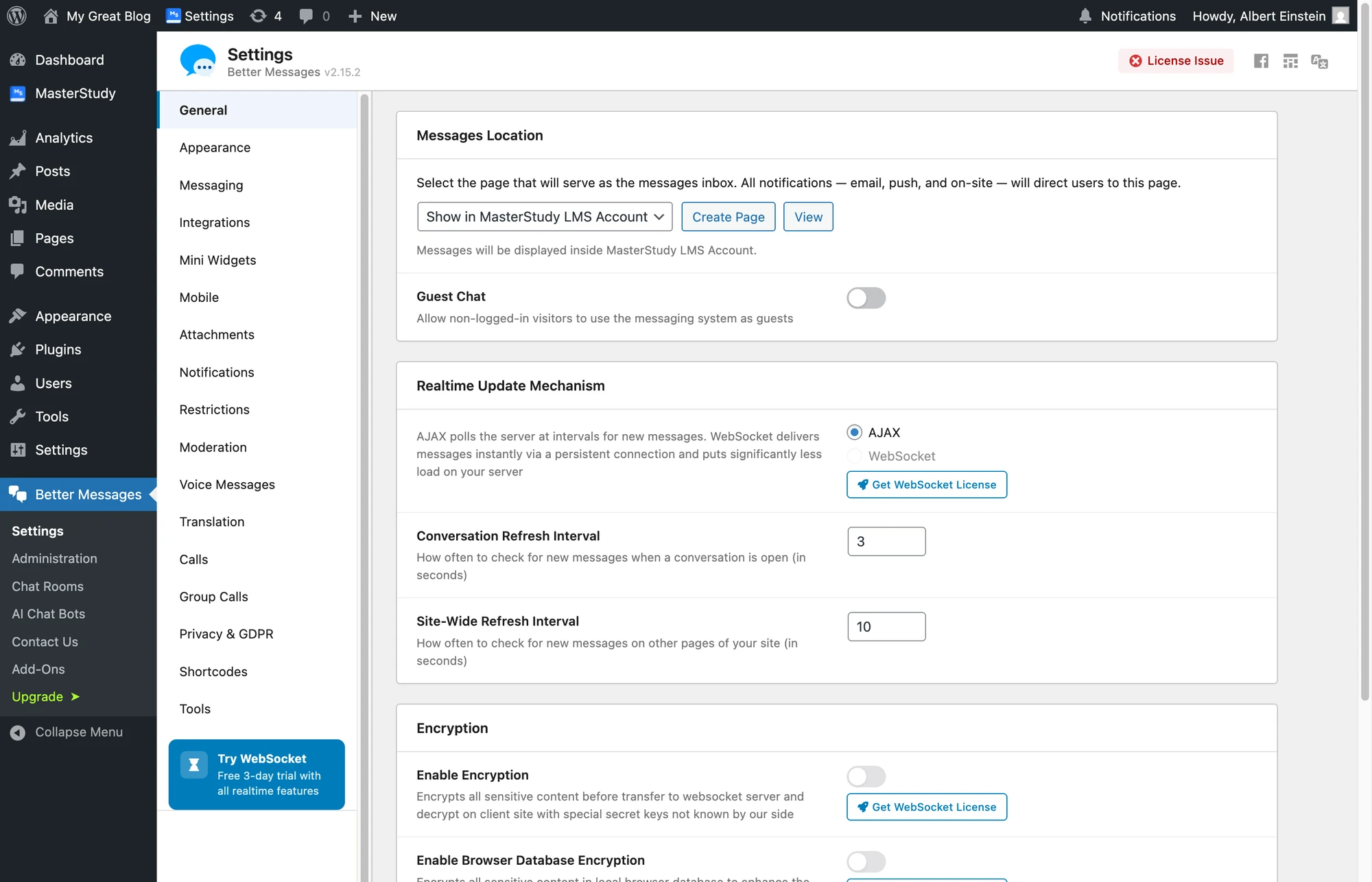 Messages Location dropdown set to Show in MasterStudy LMS Account