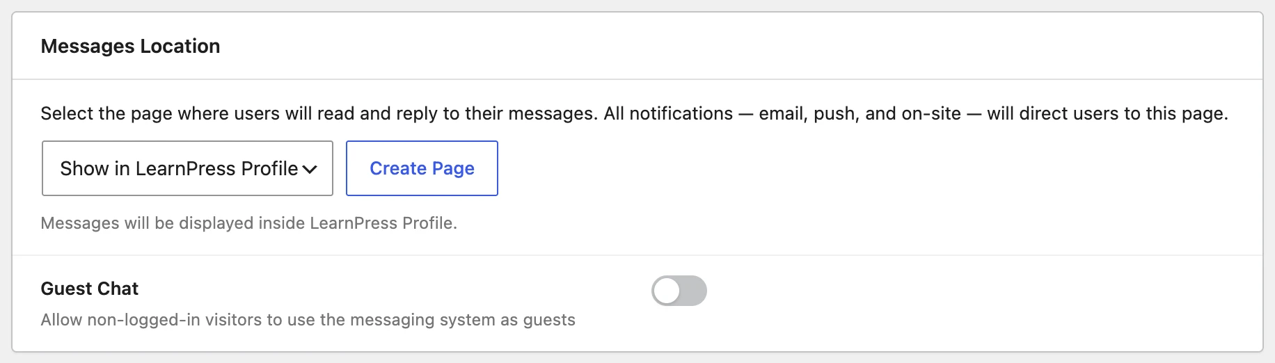 Messages Location dropdown set to Show in LearnPress Profile