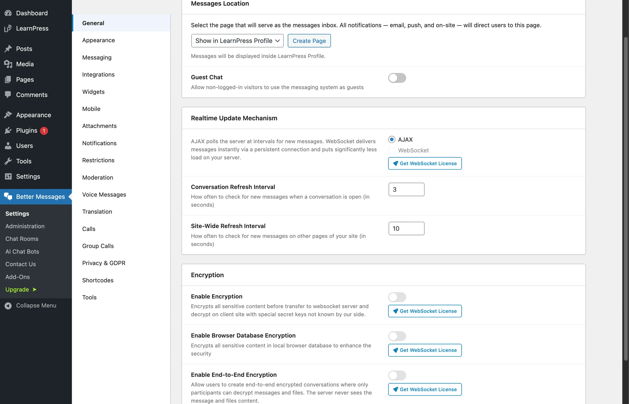 Messages Location dropdown set to Show in LearnPress Profile