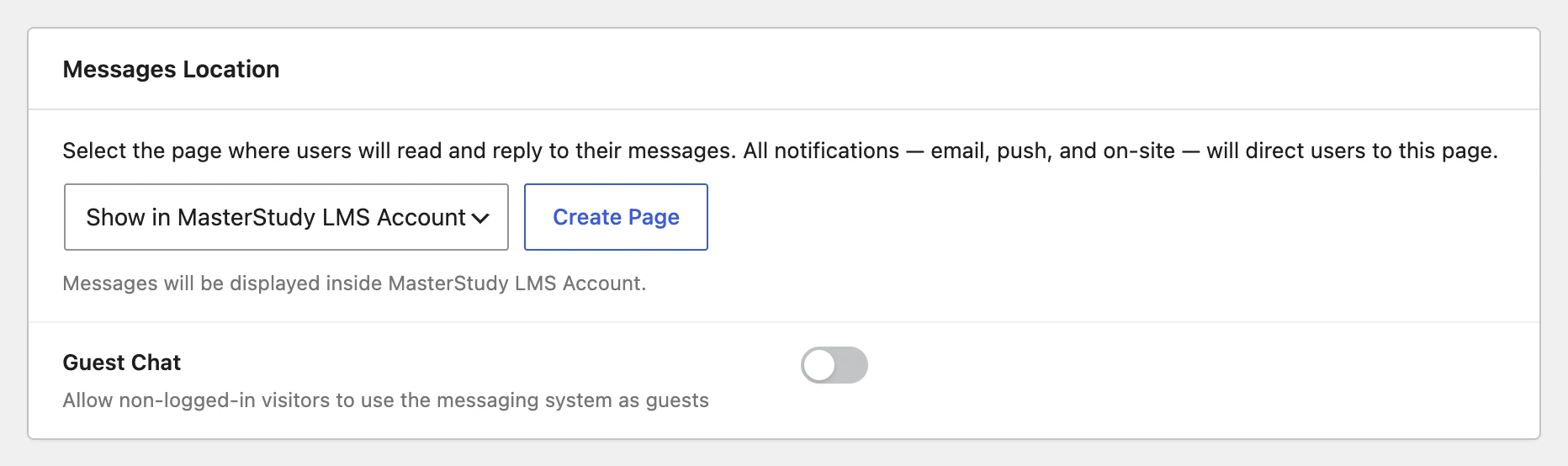 Messages Location dropdown set to Show in MasterStudy LMS Account