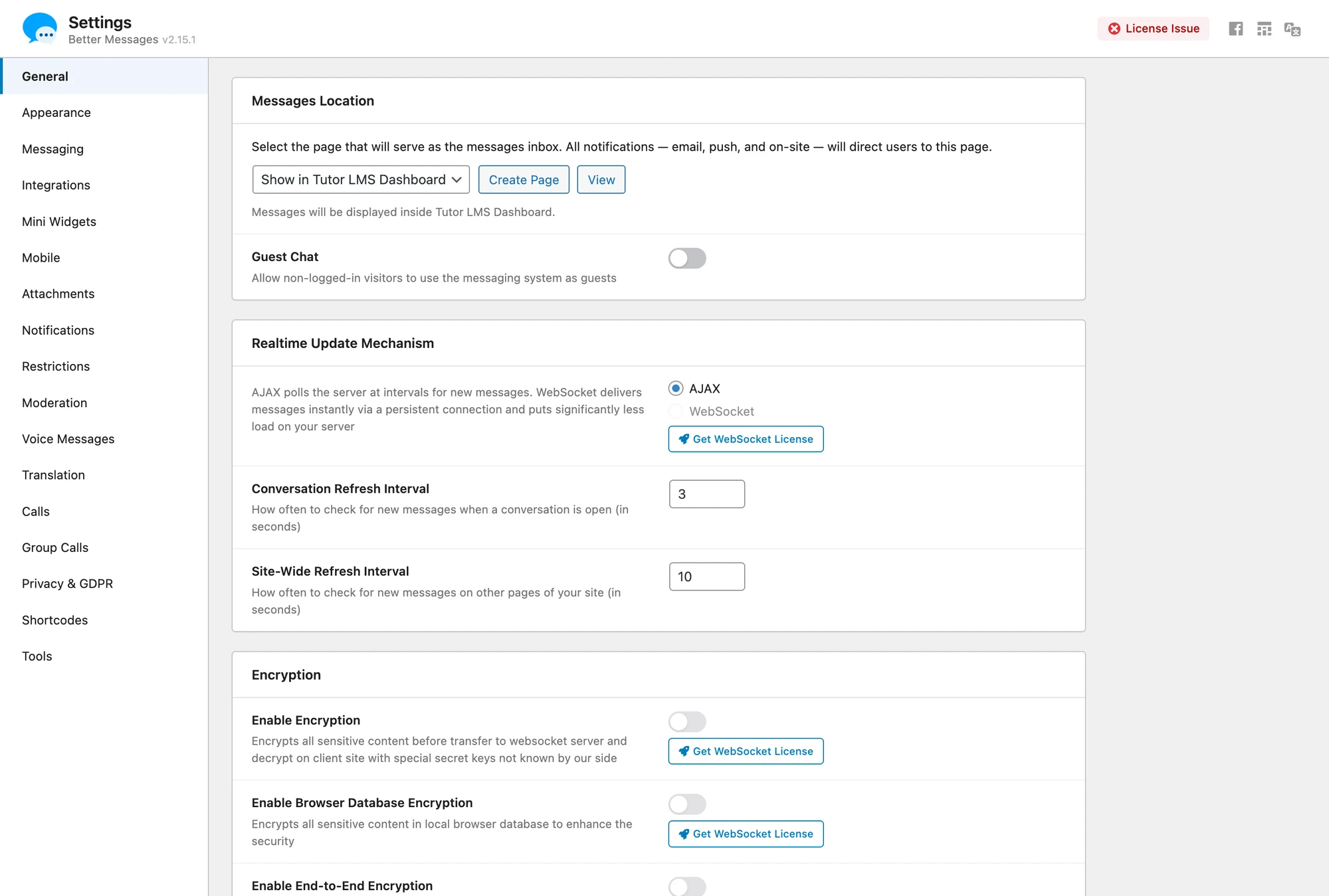 Messages Location dropdown set to Show in Tutor LMS Dashboard