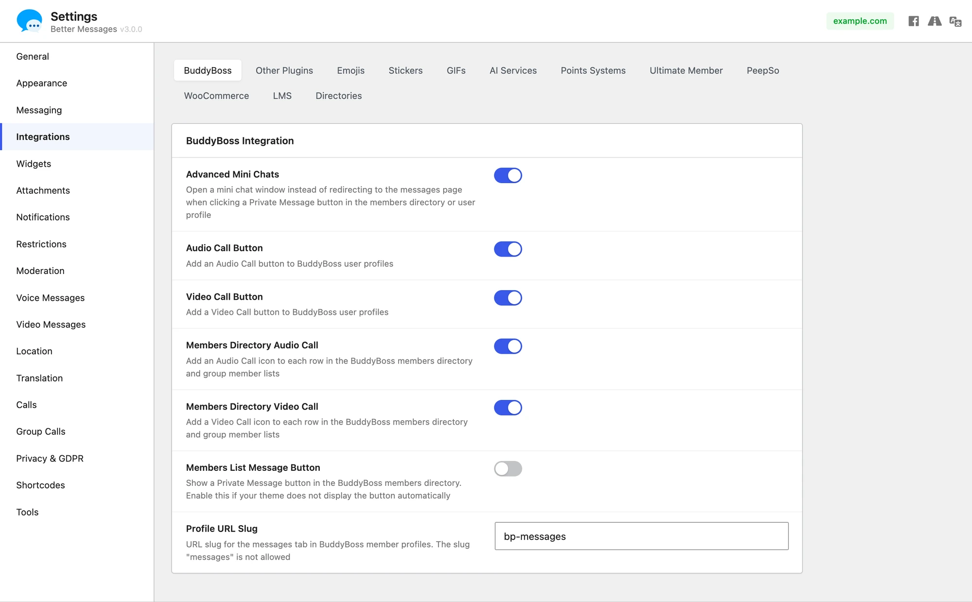 BuddyBoss settings tab with Members Directory call toggles
