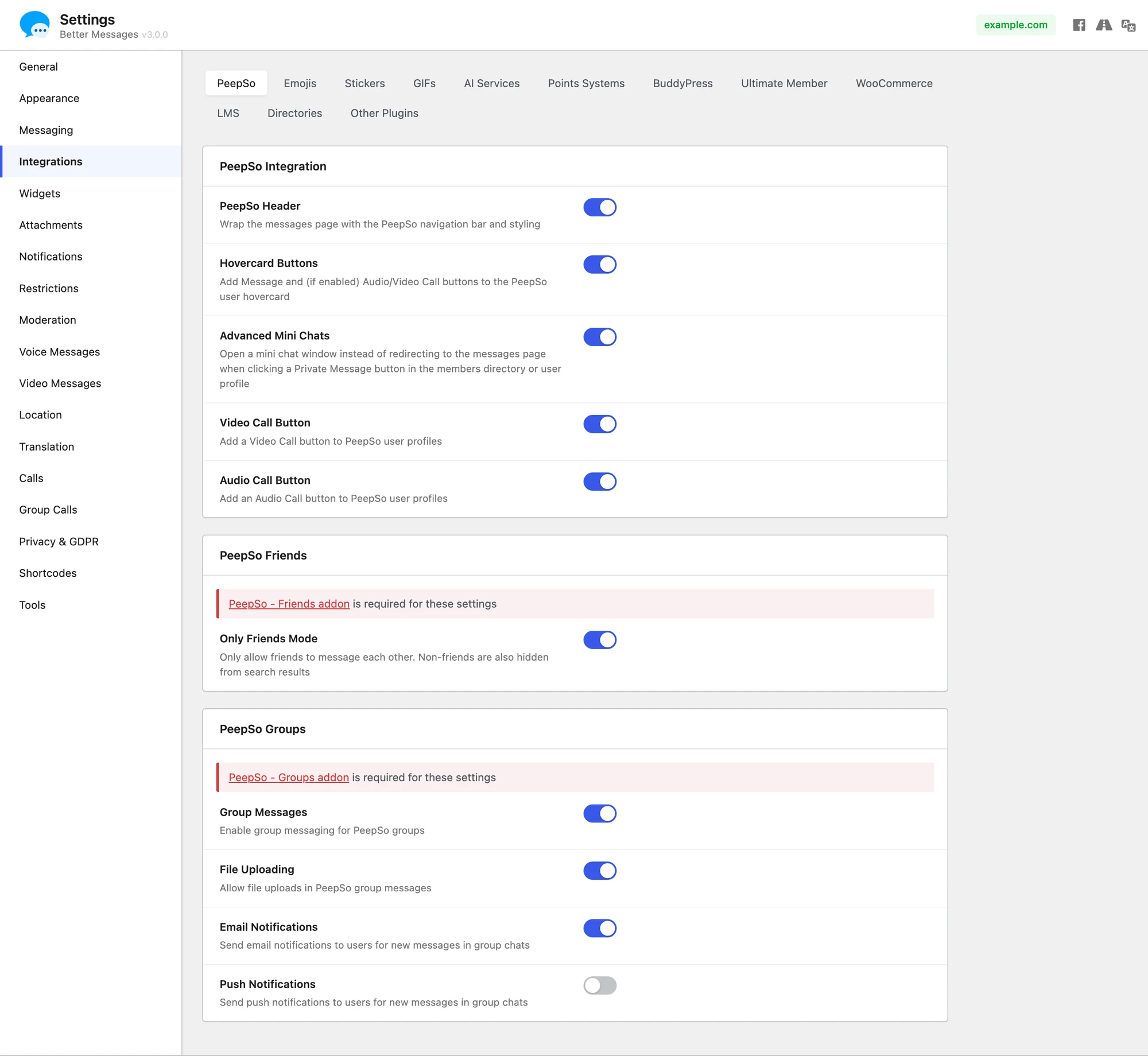 PeepSo settings tab in the Better Messages admin