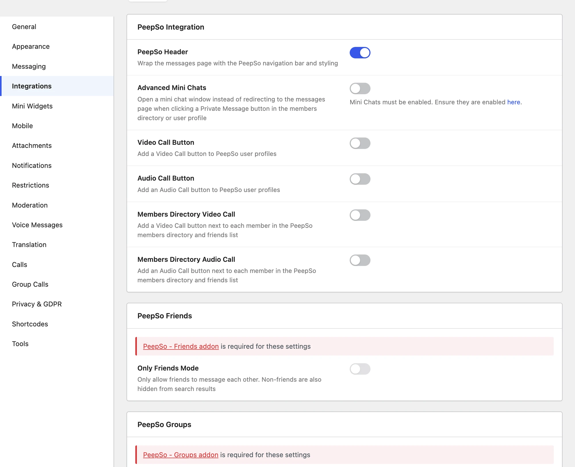 PeepSo settings tab in the Better Messages admin