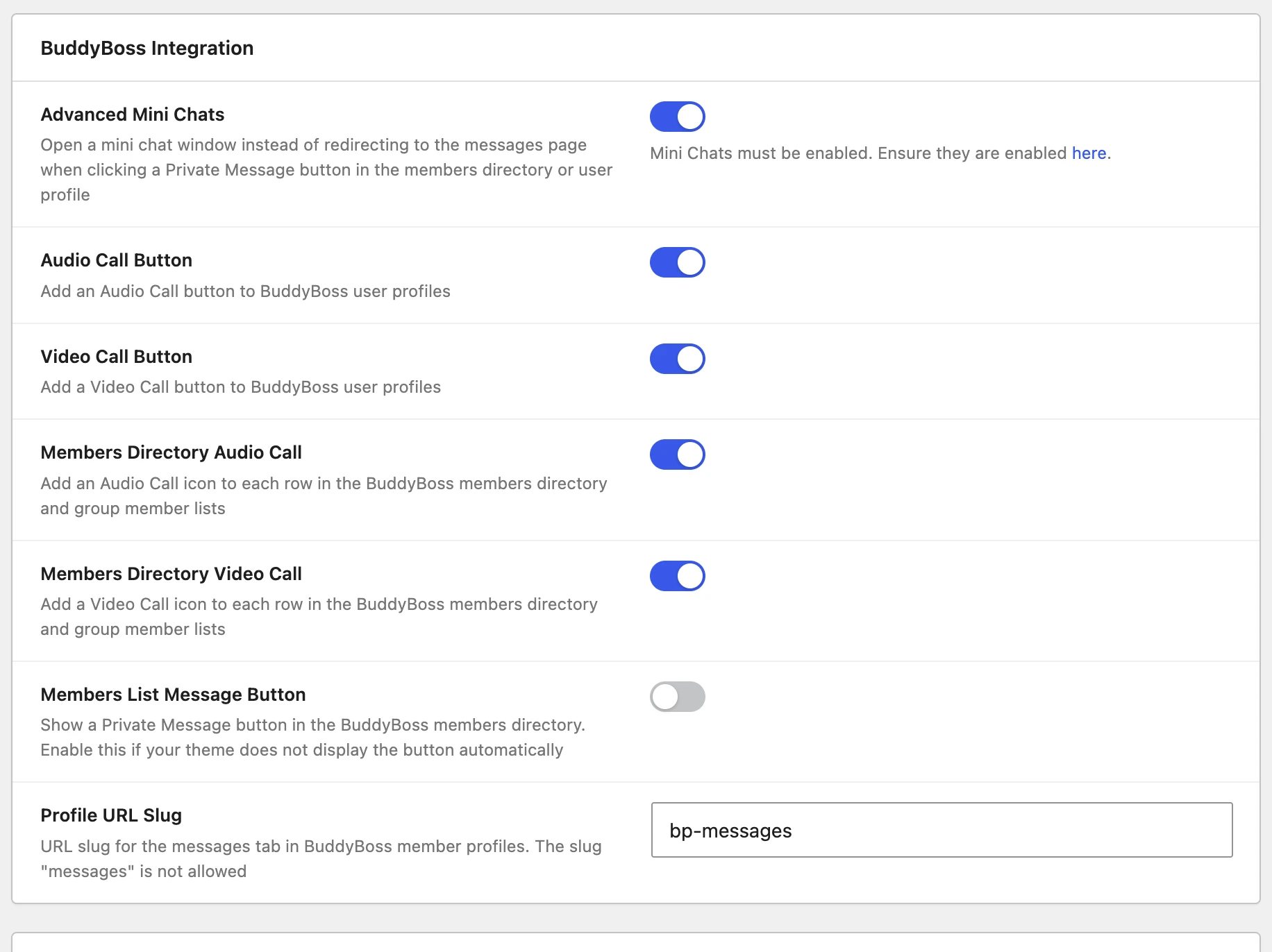 BuddyBoss settings tab with Members Directory call toggles