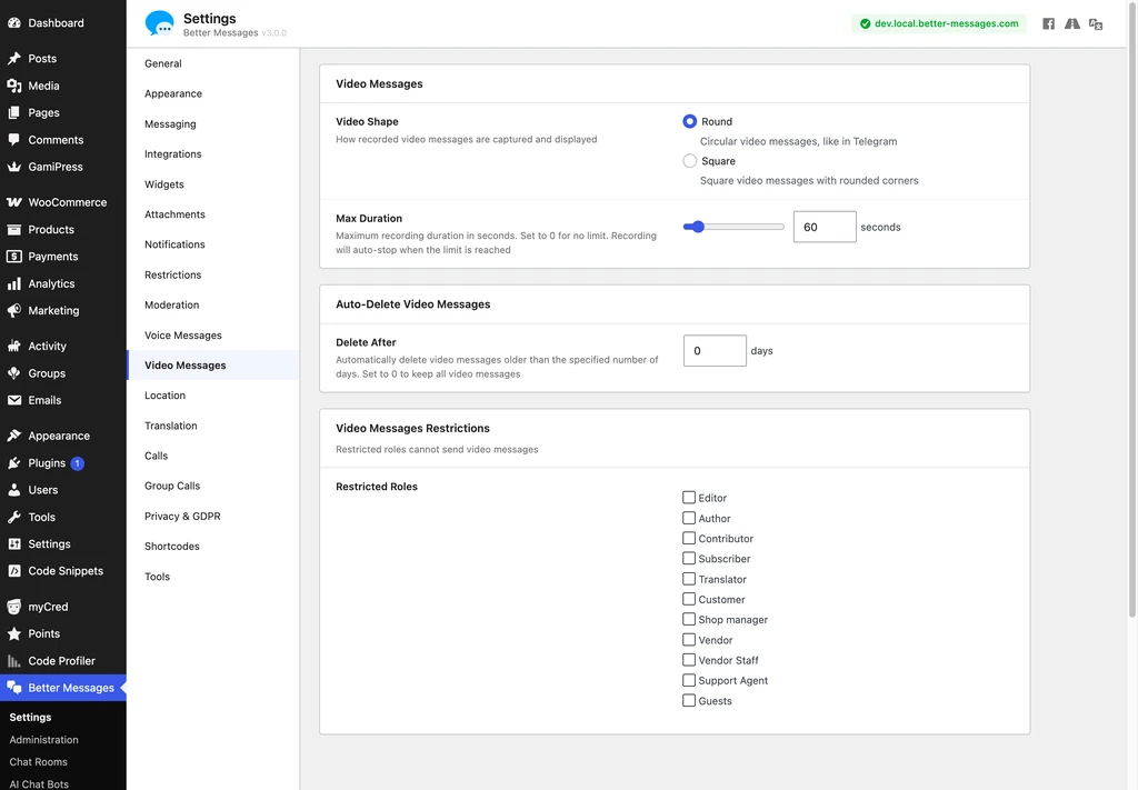The Video Messages settings tab in WP Admin