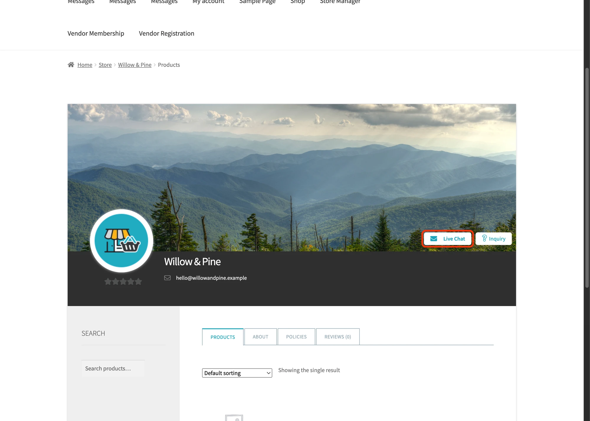 Live Chat button on a WCFM vendor store page