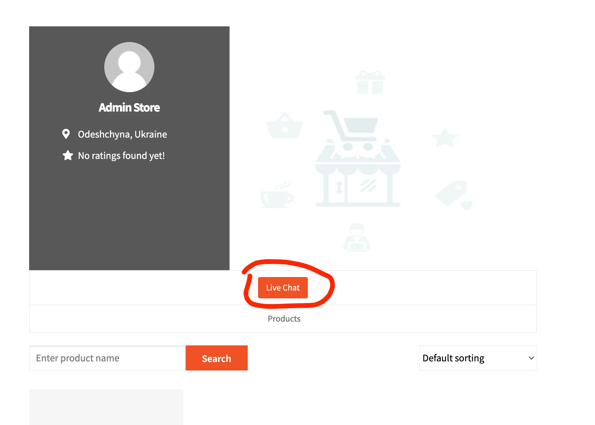 Live Chat button on a Dokan vendor shop page next to the vendor info