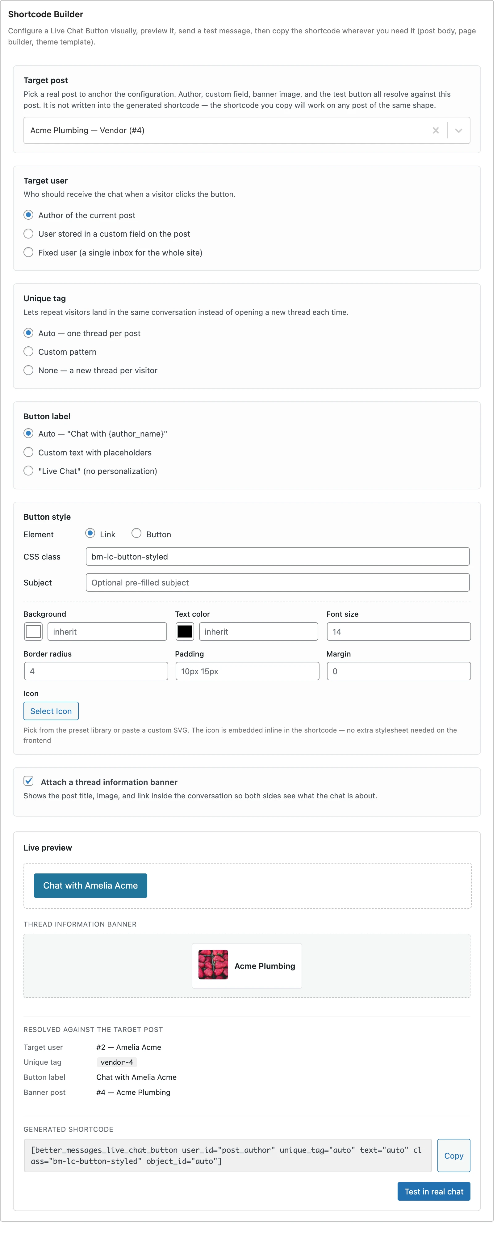 Shortcode Builder — visual configurator with live preview