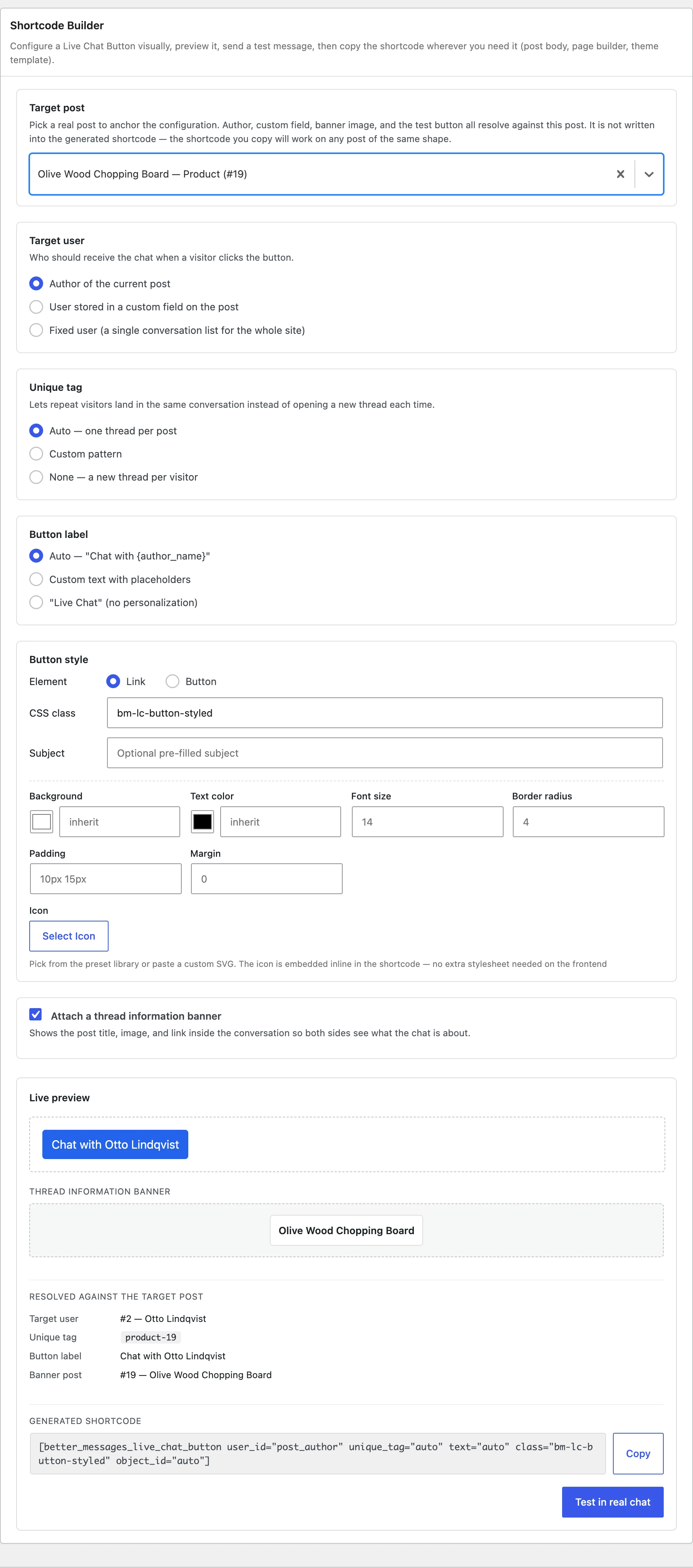 Shortcode Builder admin UI with a vendor product selected as target post