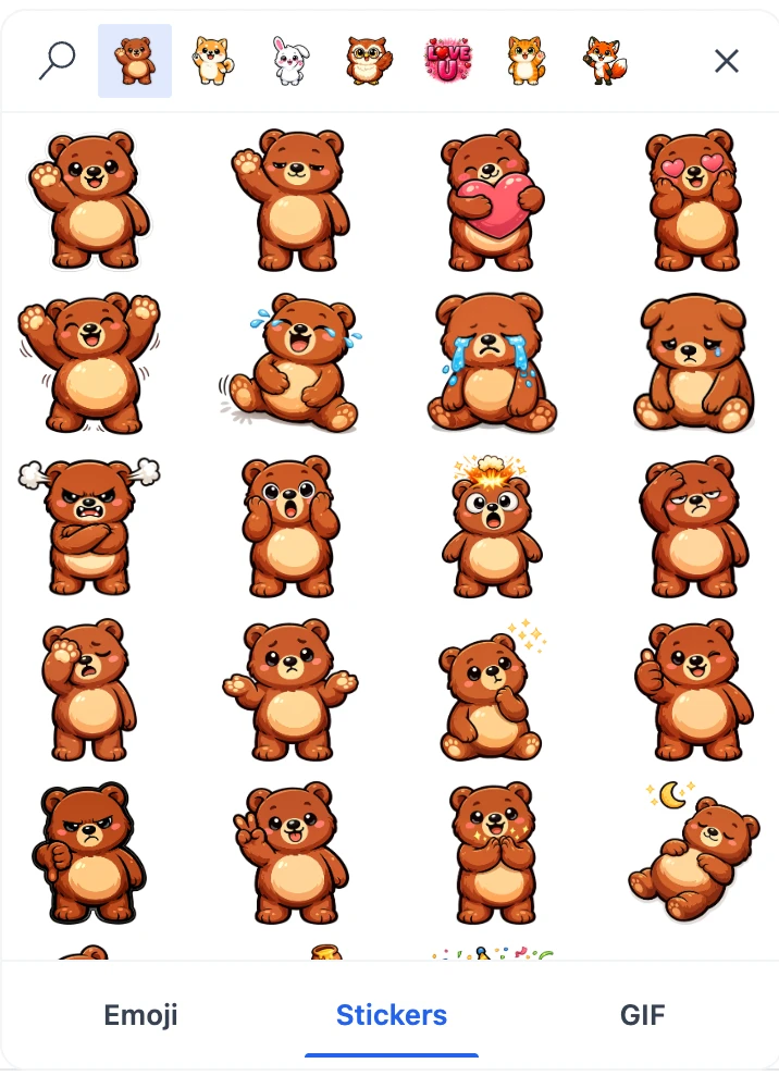 The message picker open on its Stickers tab — pack covers across the top, a grid of bear stickers, and the Emoji / Stickers / GIF strip along the bottom