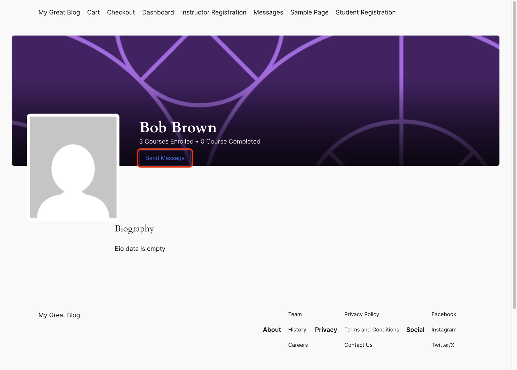 Send Message button on the student profile page