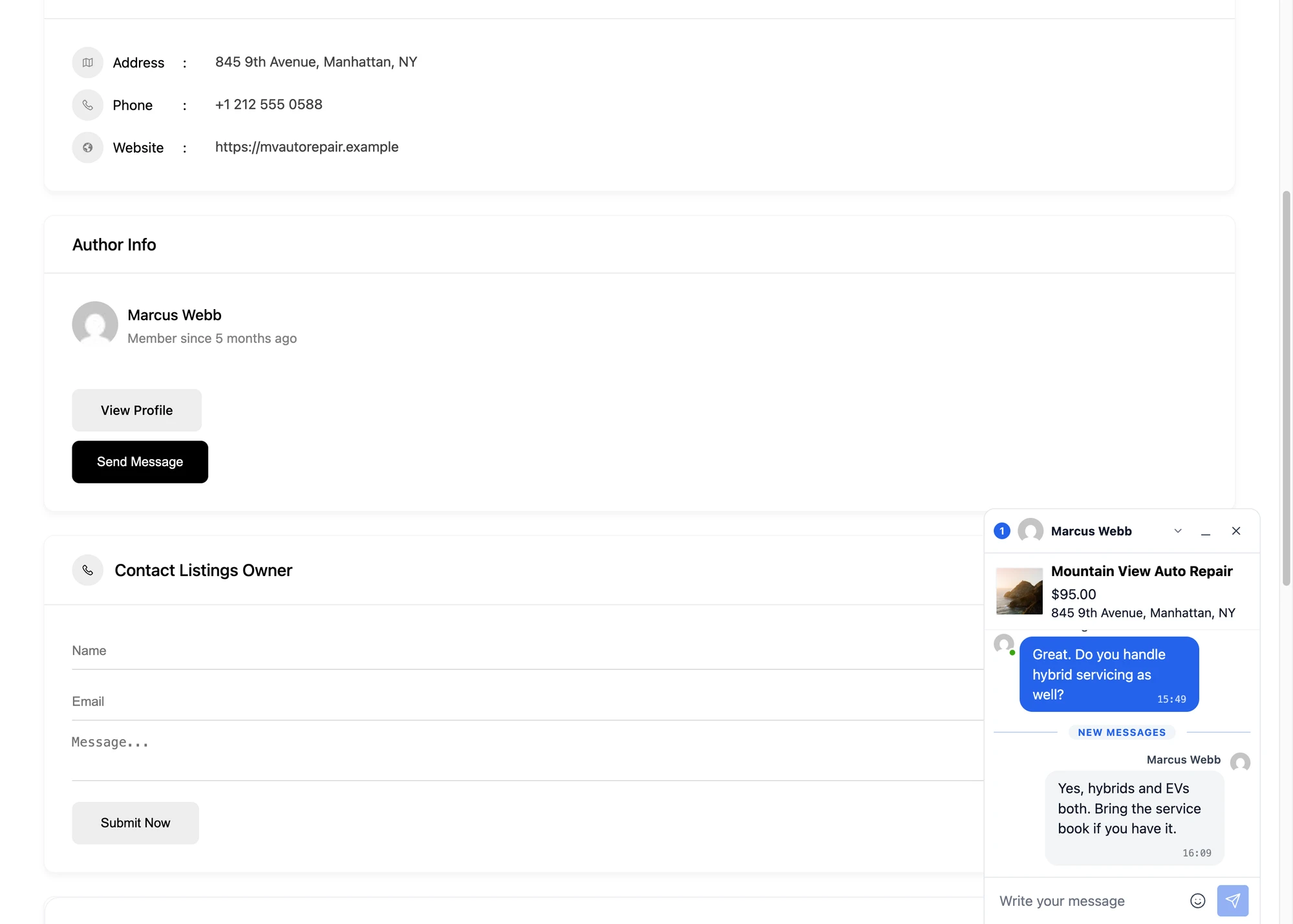 Conversation with the Directorist listing info card showing image, title, price