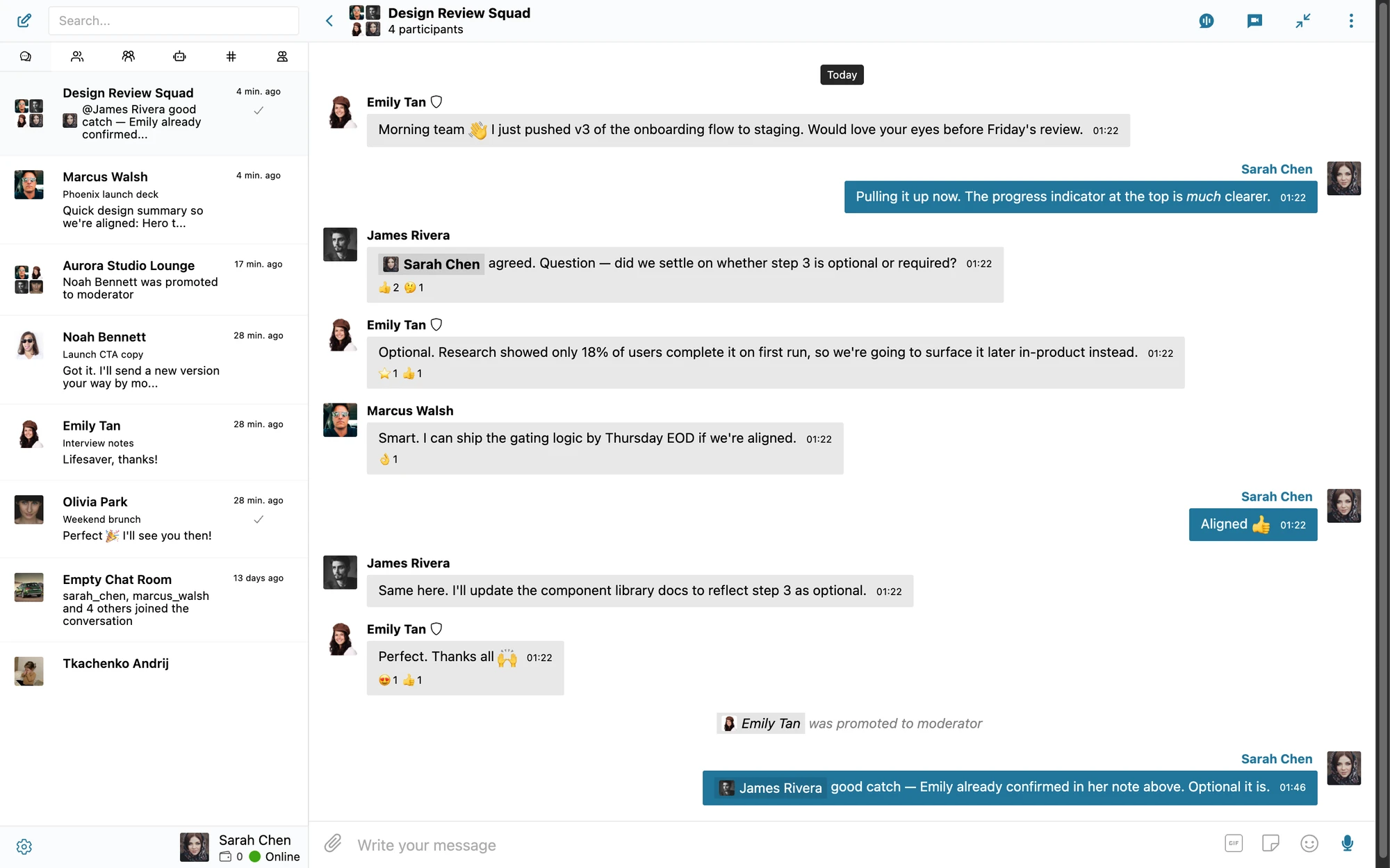 A four-participant group conversation showing avatars in the header, moderator badges, @-mentions rendered as pills, emoji reactions on messages, and a system message recording a moderator promotion