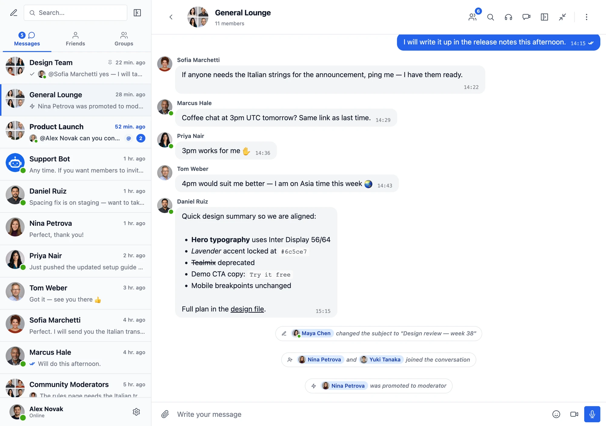 The Better Messages inbox — conversation list on the left with unread counts, a mention badge and presence dots, and an open group conversation on the right showing messages, a formatted list and system notices