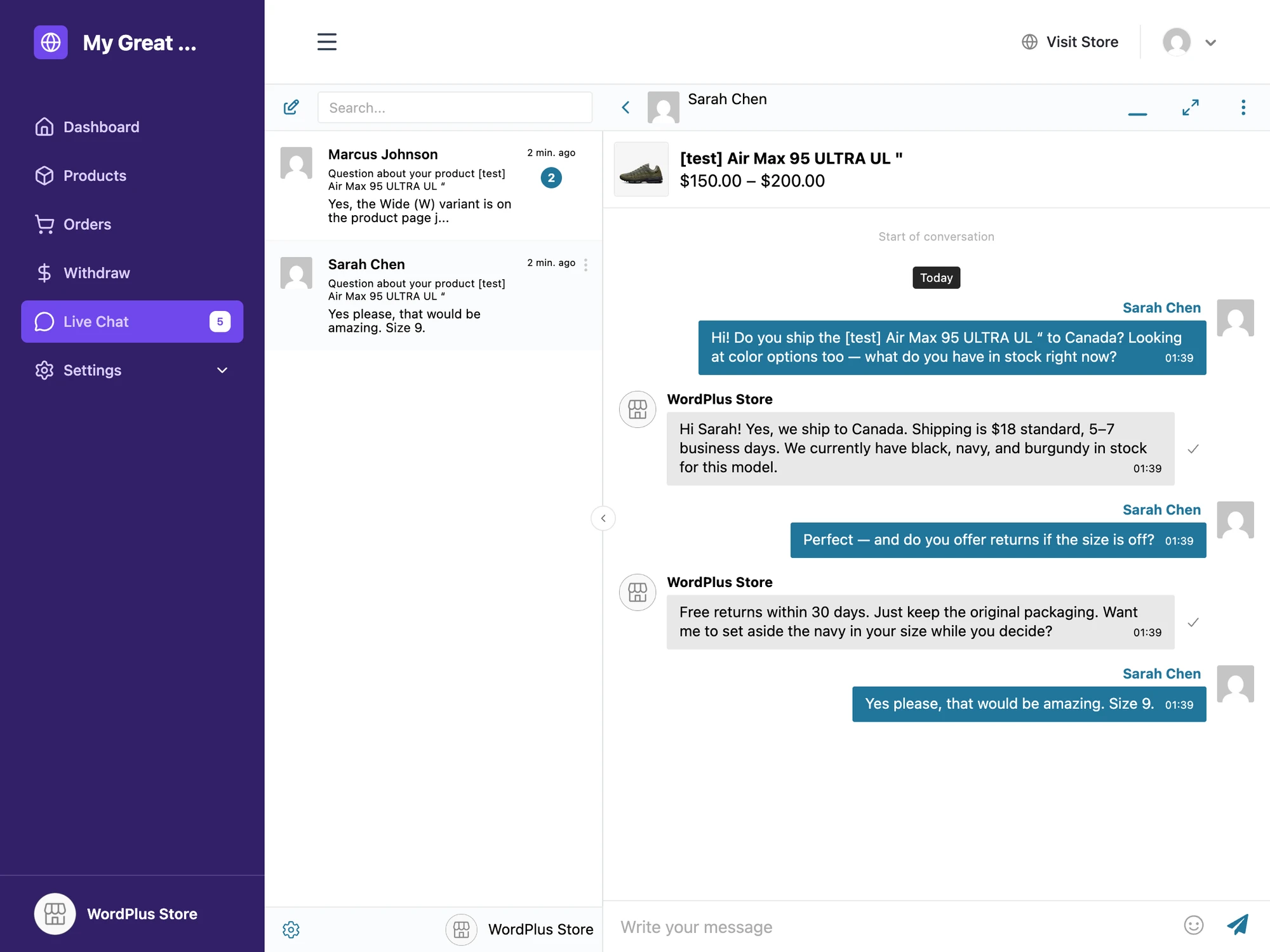 Live Chat tab on the Dokan vendor dashboard