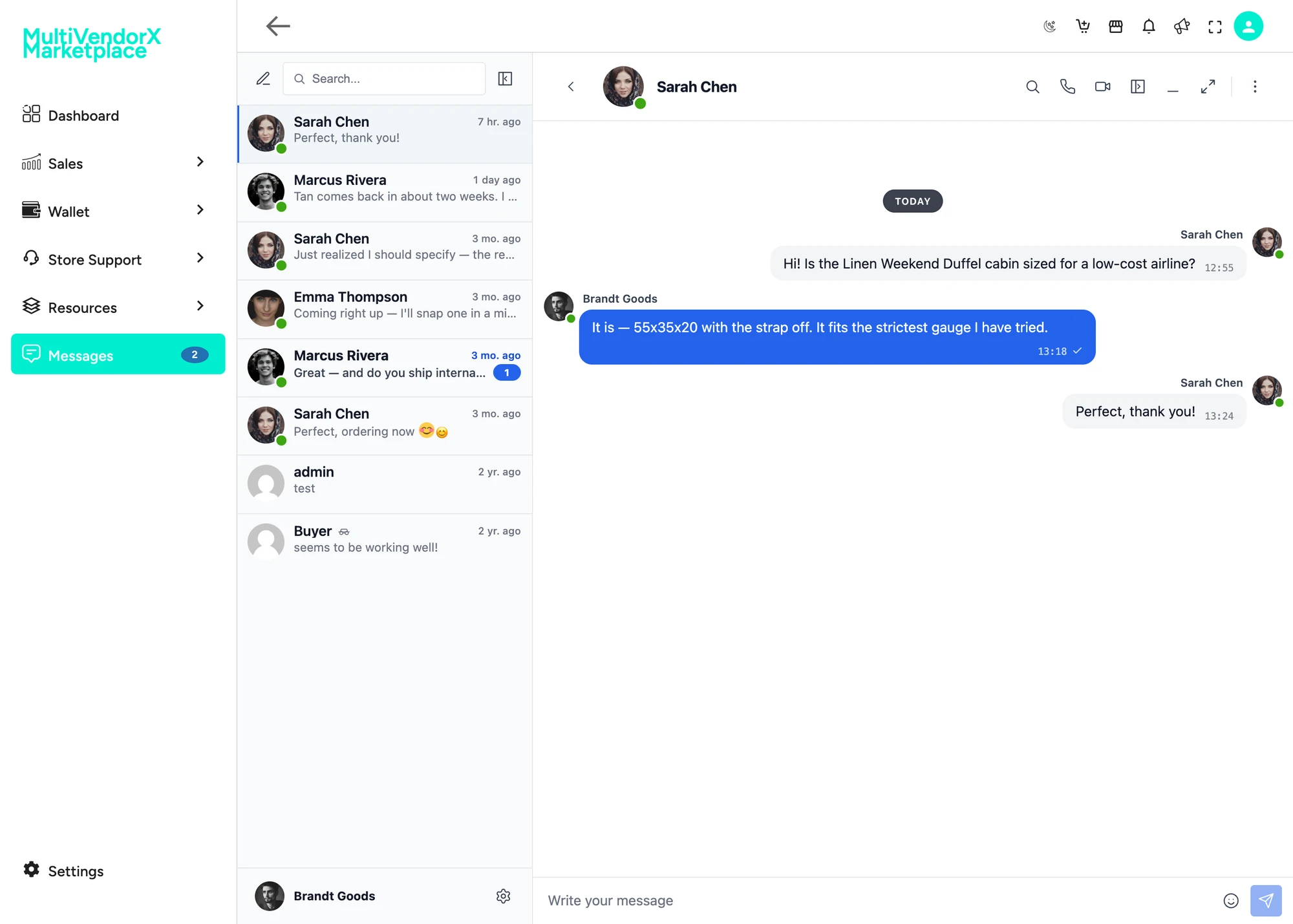 Messages tab on the MultiVendorX Vendor Dashboard