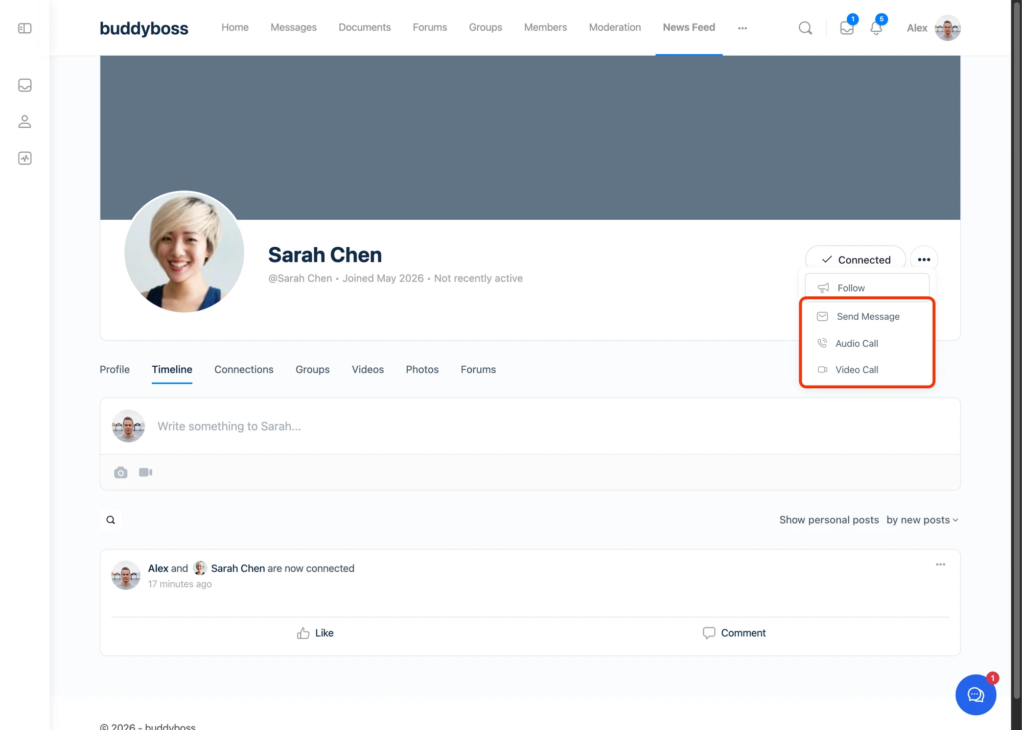 Call buttons on a BuddyBoss user profile