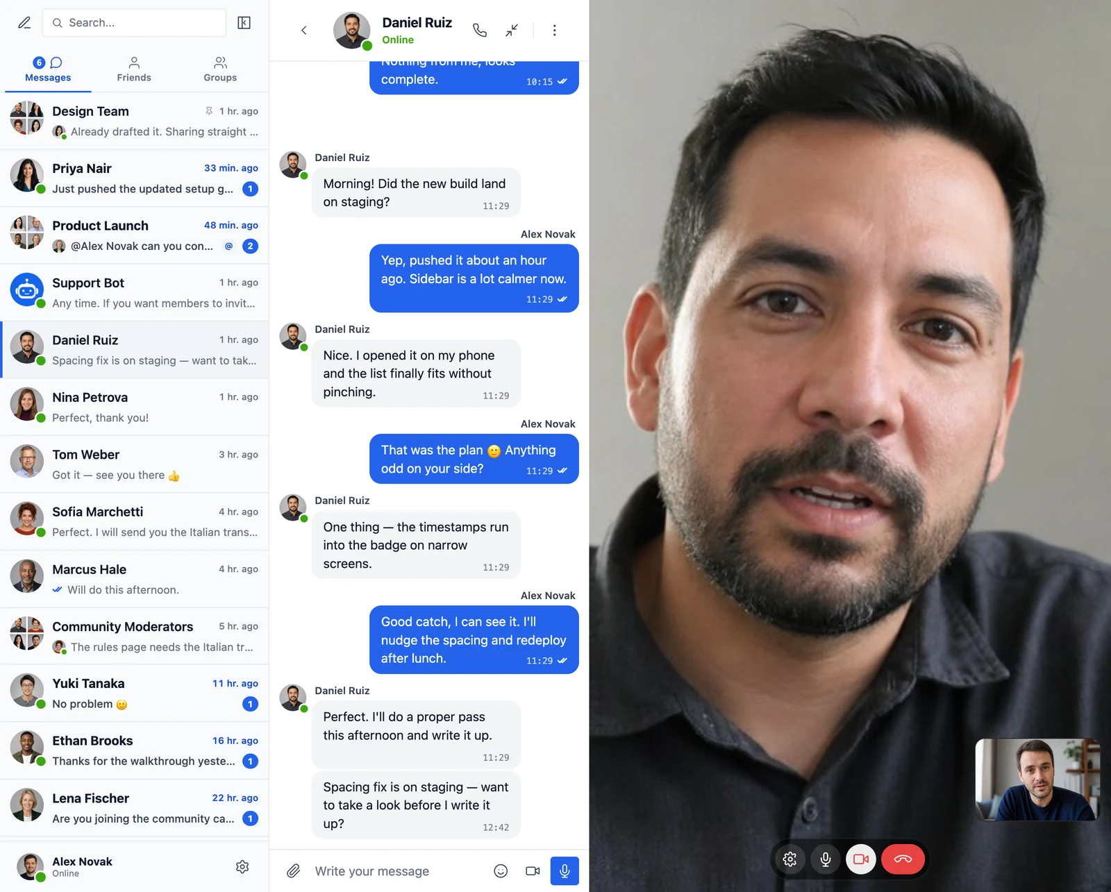 A one-to-one video call running beside the conversation: the other participant fills the call panel, the viewer's own camera sits in a small corner preview, and the settings, mic, camera and hang-up controls line the bottom