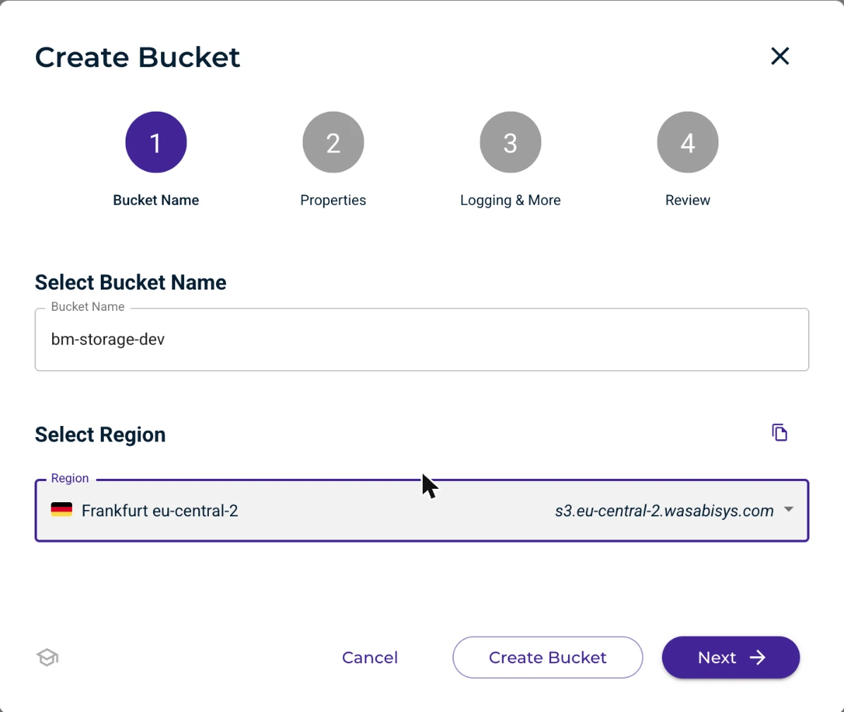 Create Bucket in the Wasabi console with the bucket name and the Frankfurt eu-central-2 region and its endpoint