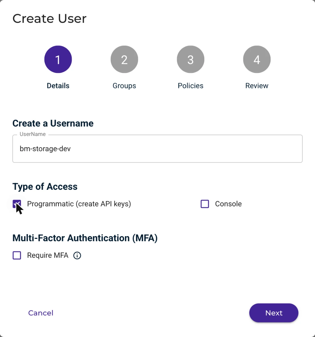 Create User with the user name and Programmatic access ticked