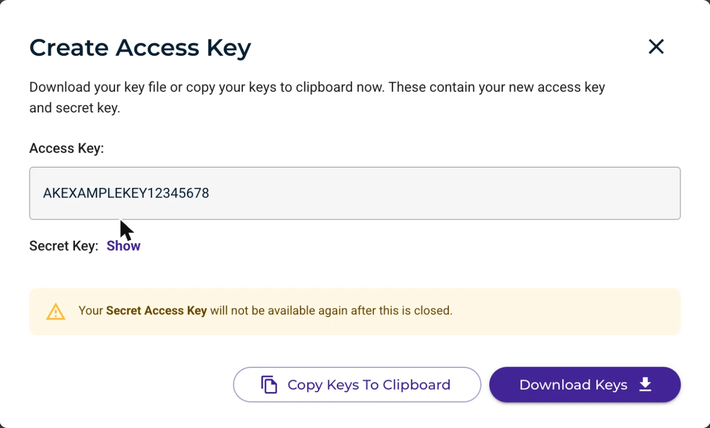 Create Access Key with the access key, the hidden secret key and the Copy Keys To Clipboard and Download Keys buttons