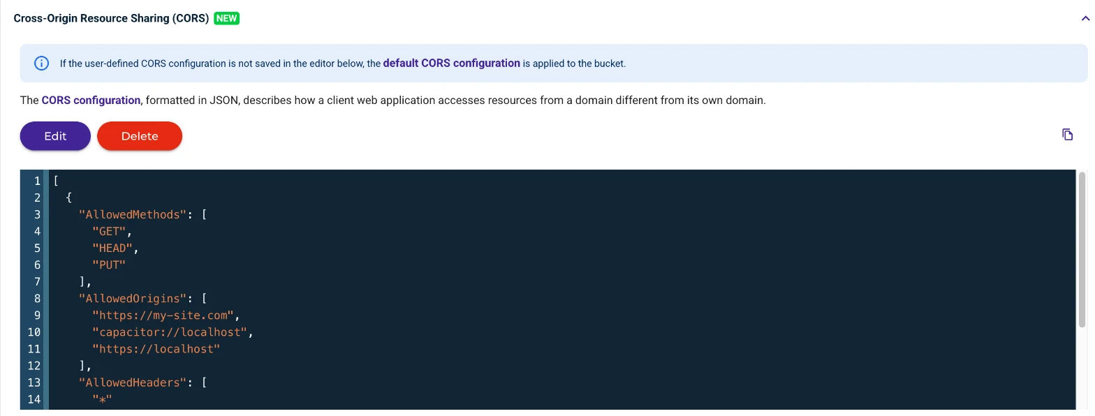 The bucket's CORS configuration with the rule Configure CORS saved, for the site's address and the mobile app