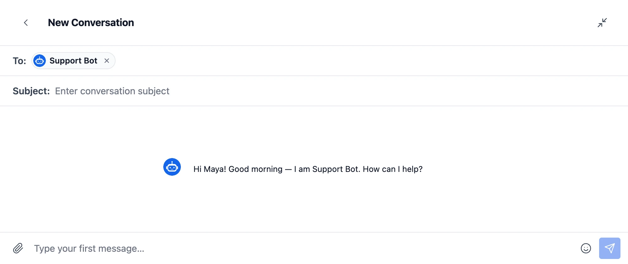 Bot welcome message shown on the New Conversation screen