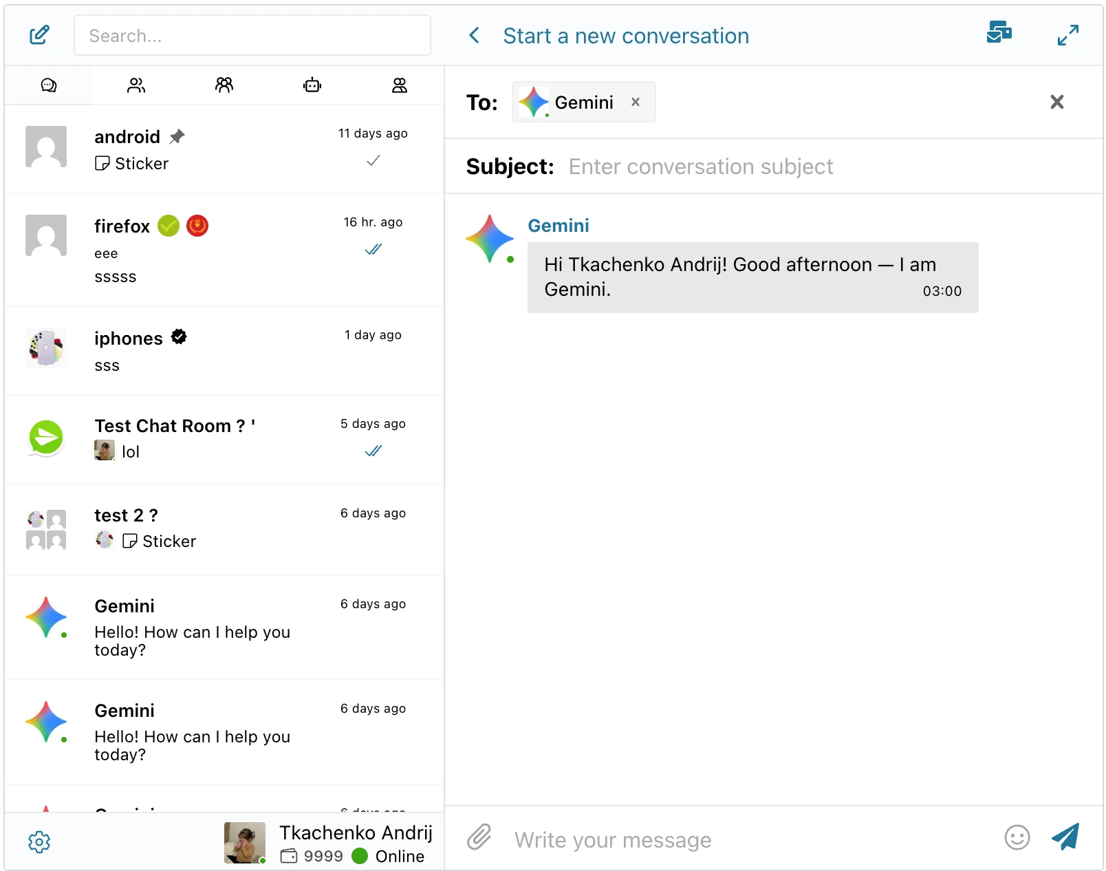 Bot welcome message shown on the New Conversation screen