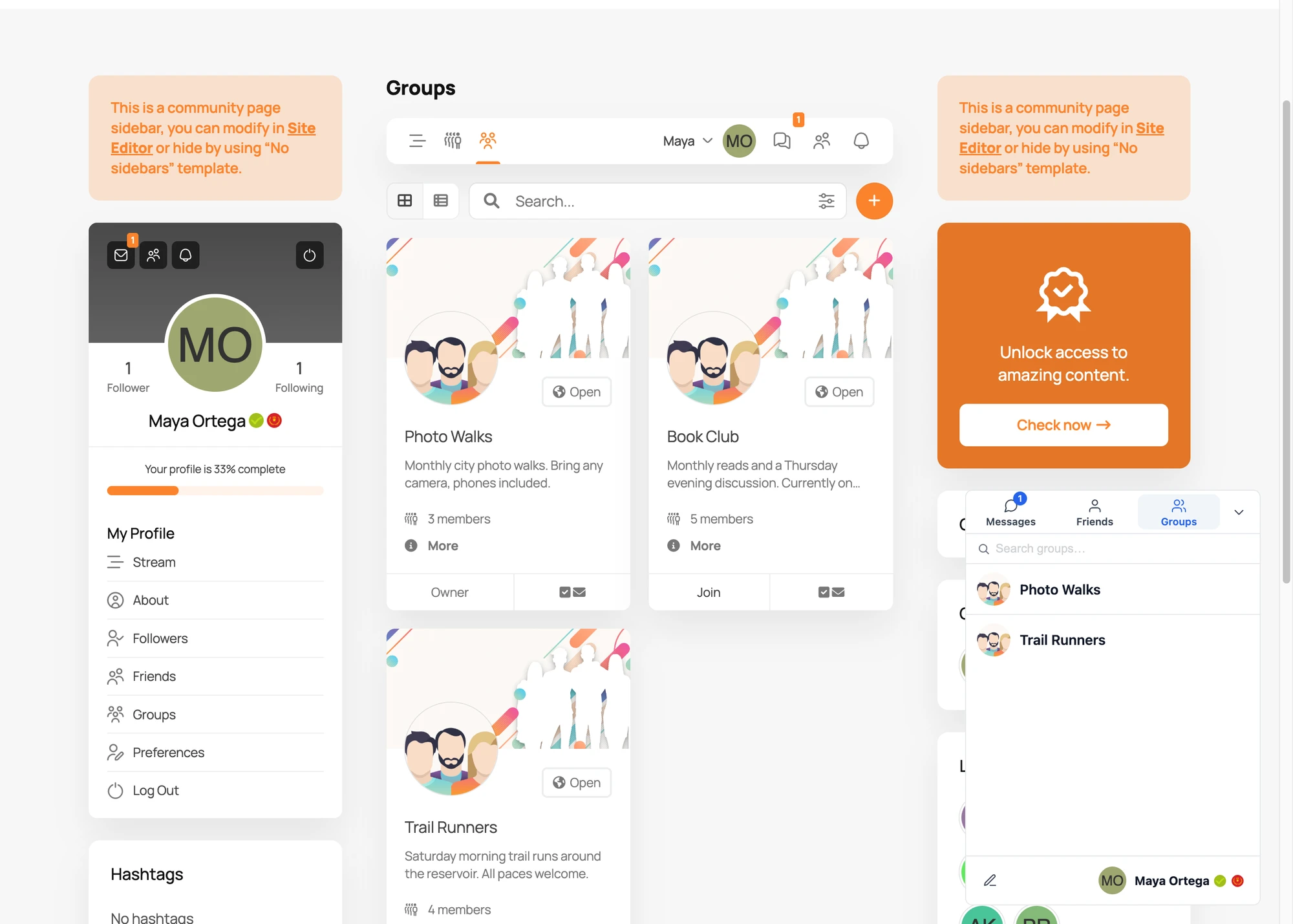Better Messages widget with the Groups tab open, showing PeepSo groups