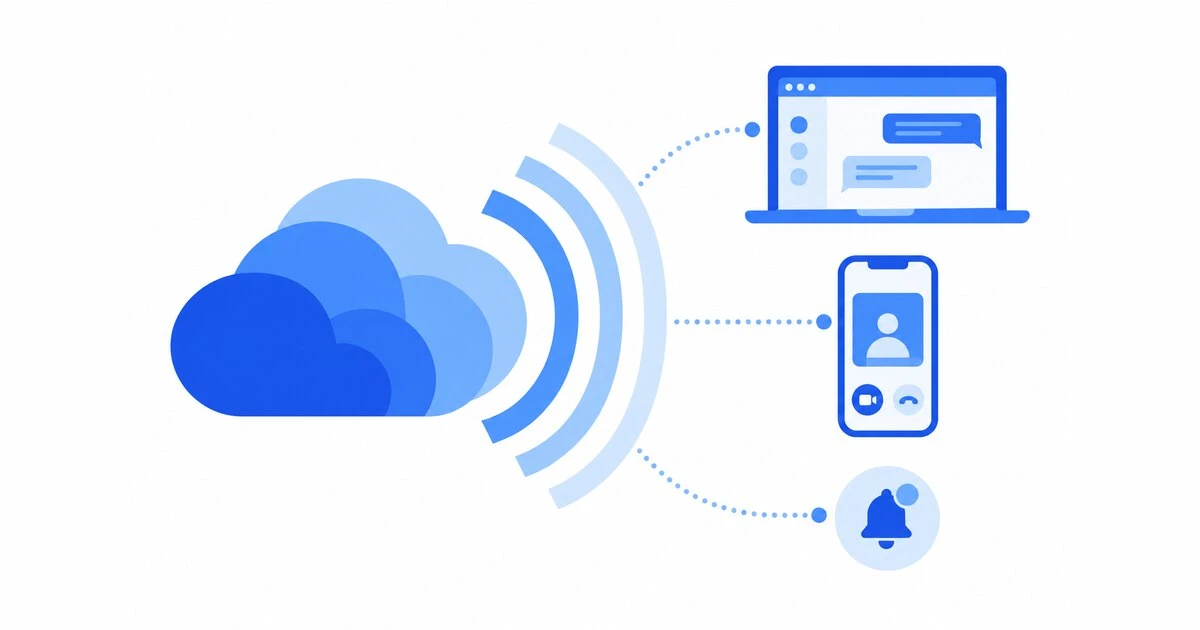 Layered blue signal waves spreading from a cloud to browser windows and phones